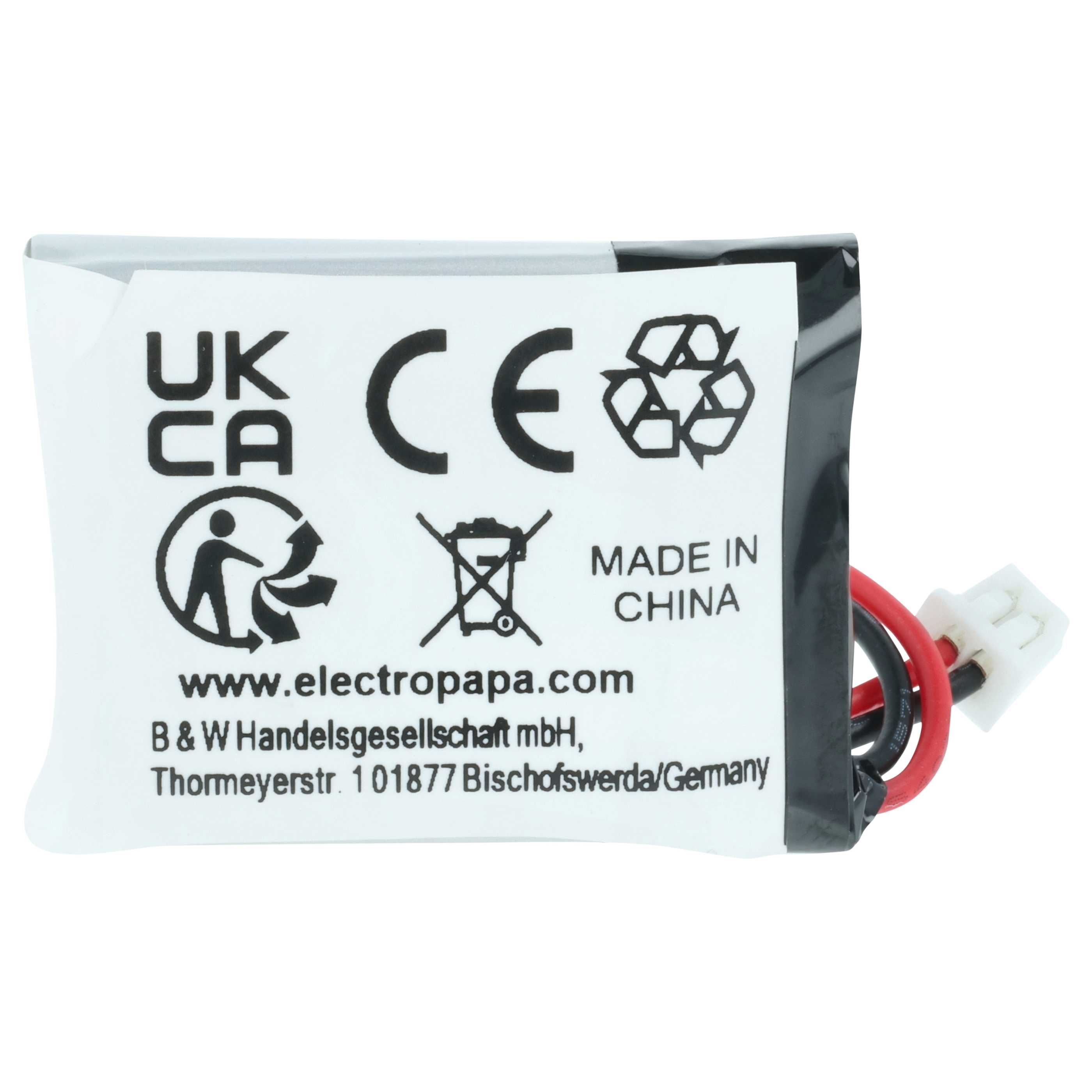 Ein Akku mit CE- und UK-CA-Zeichen, Recycling-Symbol und roten/schwarzen Kabeln.