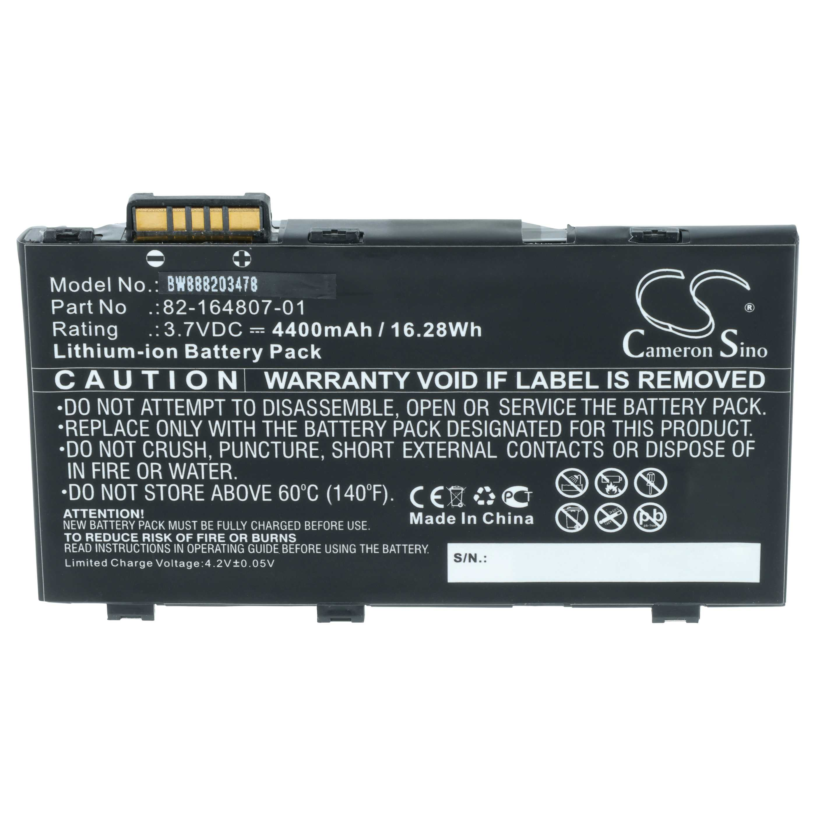 Schwarzer Lithium-Ionen-Akku mit technischen Daten und Warnhinweisen.