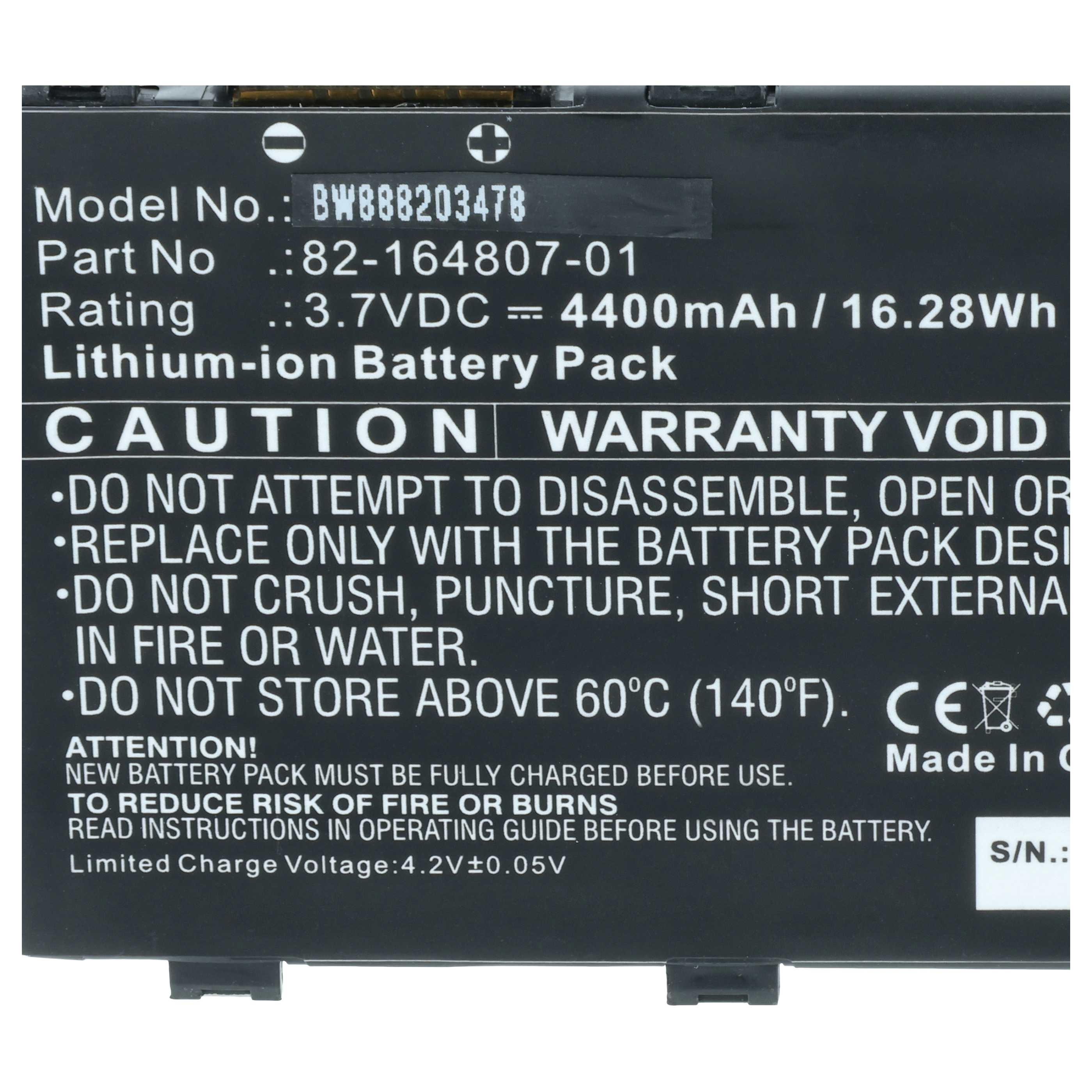 Schwarzer Lithium-Ionen-Akku mit Modell-, Teilenummern und Warnhinweisen.