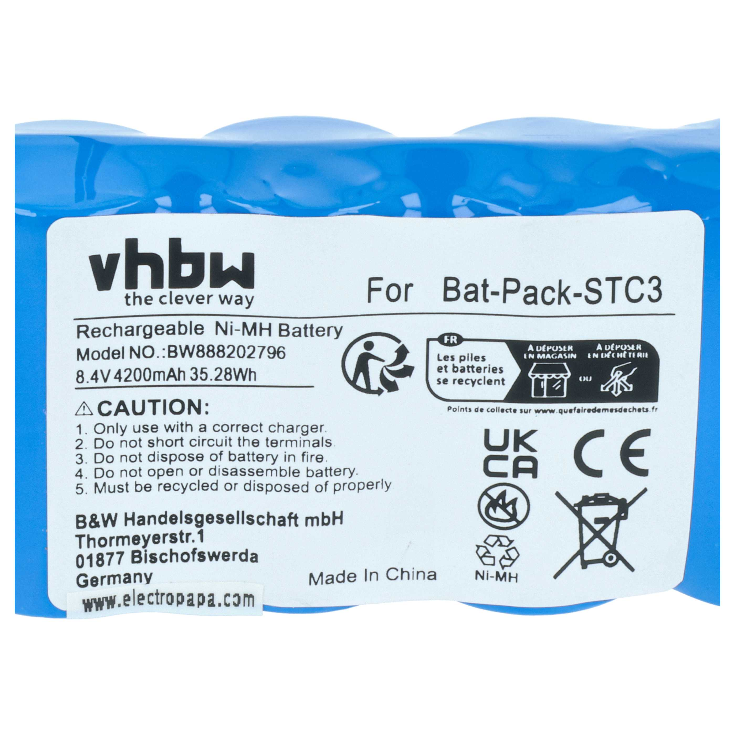 Ein blaues Akkupack mit Aufschriften wie 'vhbw', 'Ni-MH Battery' und Warnhinweisen.