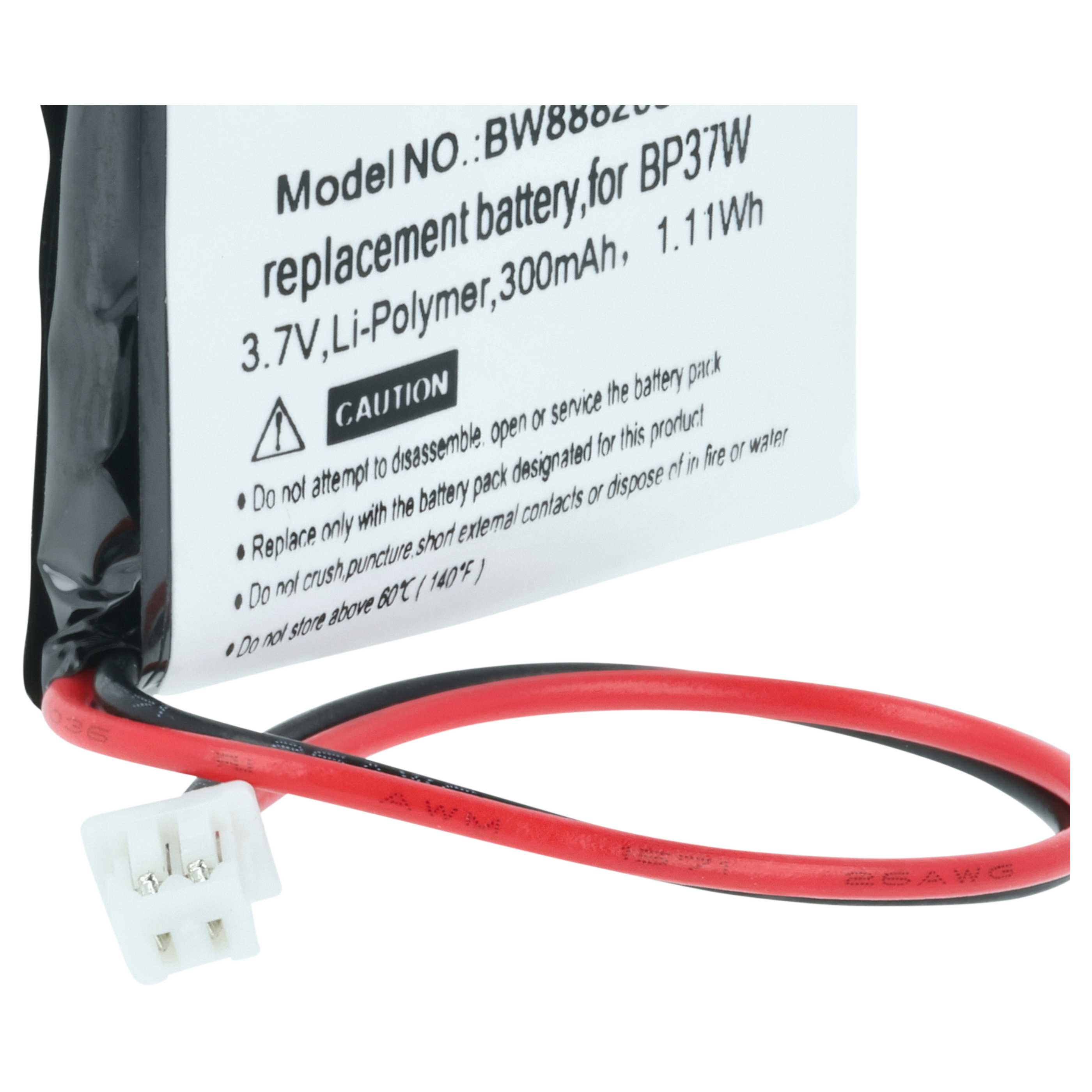 Ein Li-Polymer-Akku mit rotem und schwarzem Kabel und weißem Stecker.