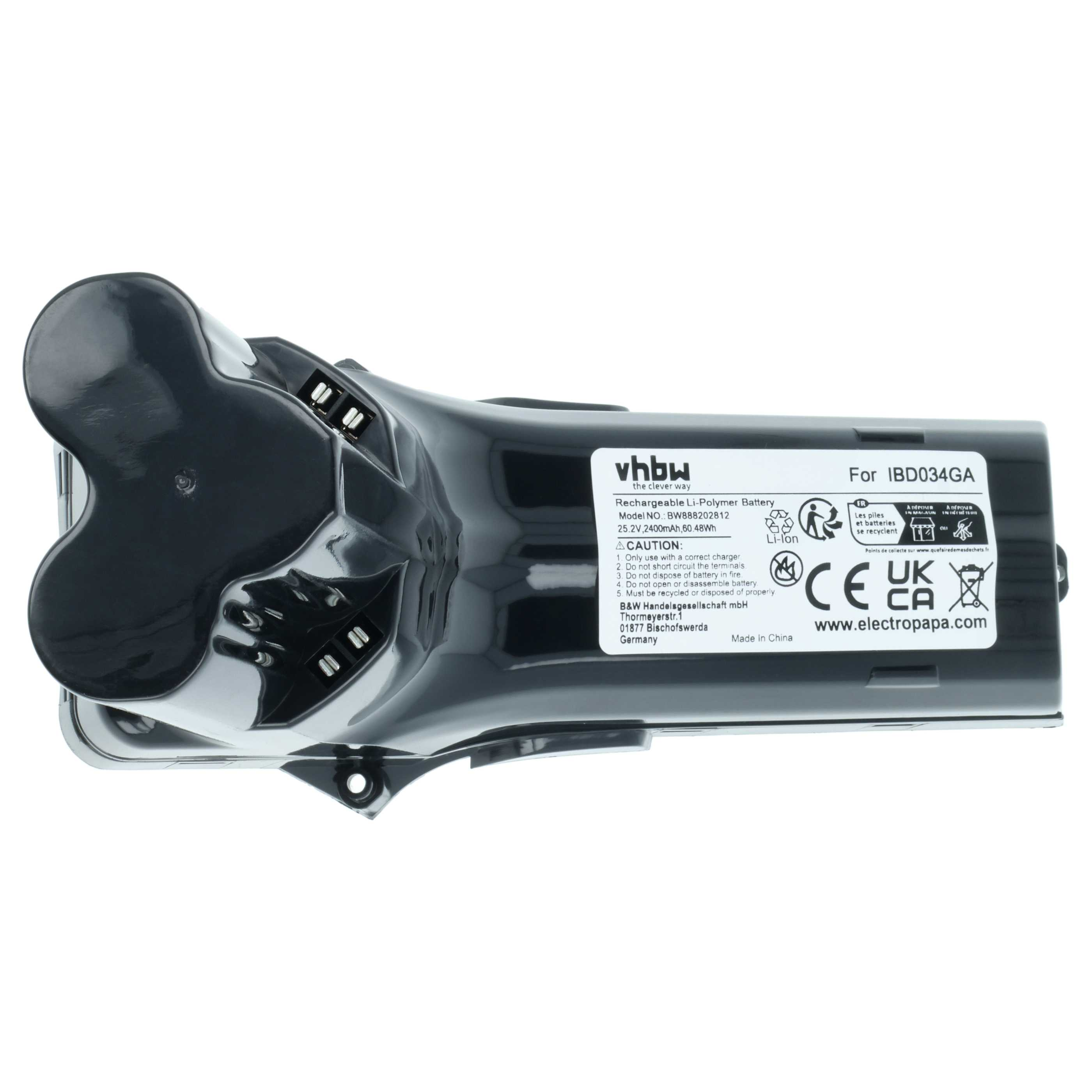 Schwarzer Li-Polymer-Akku für IBD034GA mit technischen Daten und Warnhinweisen.