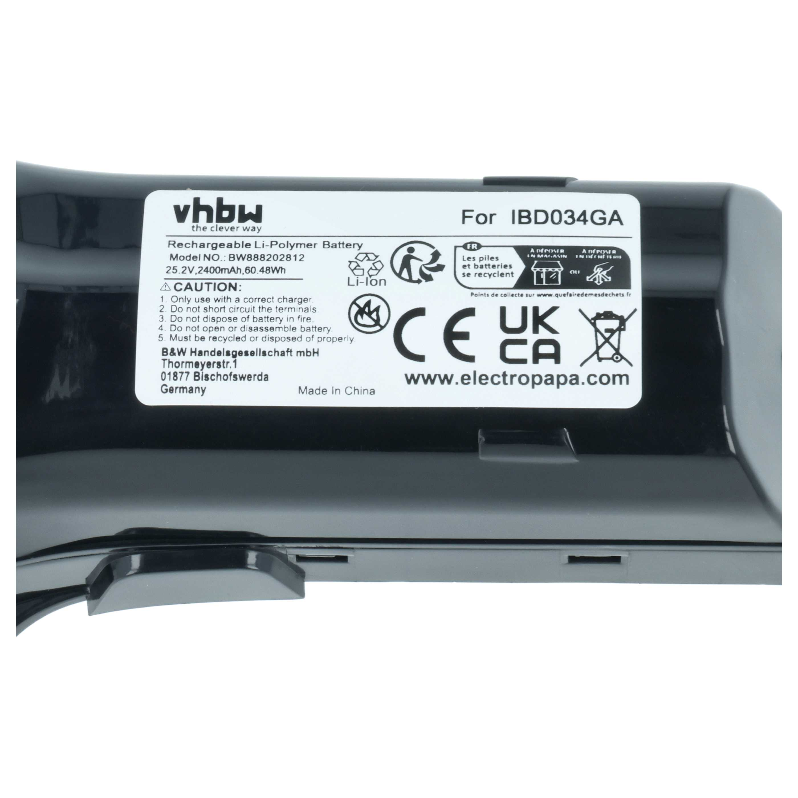 Ein schwarzer Li-Ion-Akku mit Aufkleber von vhbw für IBD034GA.