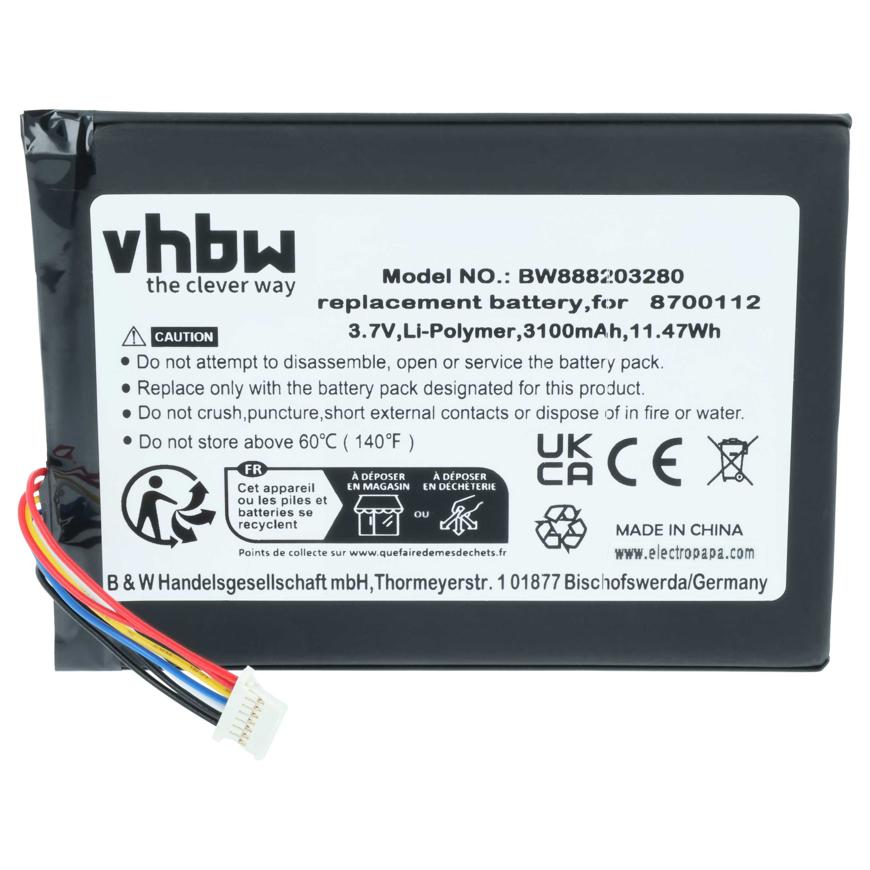Schwarz vhbw Li-Polymer Akku 3.7V 3100mAh mit Kabeln und Anschlüssen.