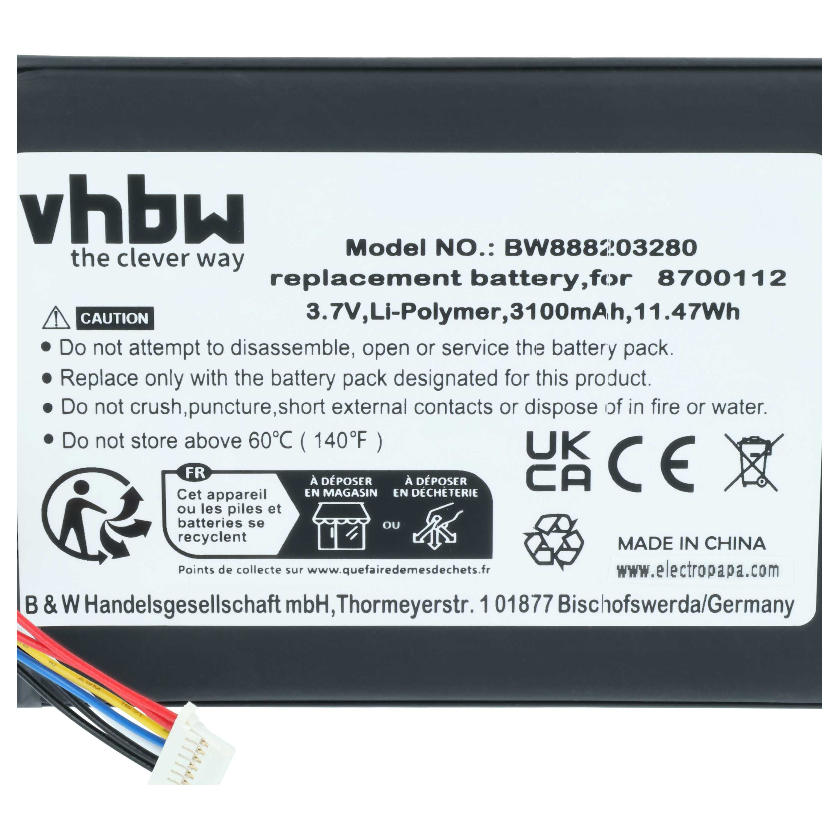 vhbw Ersatzakku, 3.7V Li-Polymer, 3100mAh, mit Kabeln.