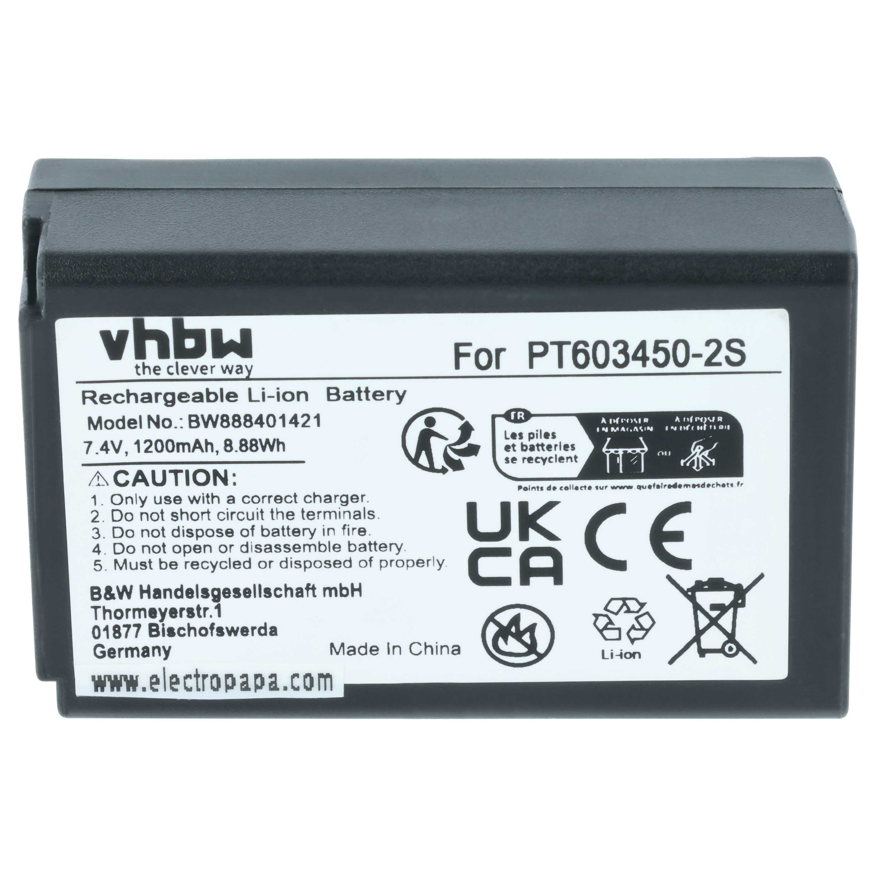 Schwarzer Li-Ionen-Akku für PT603450-2S, 7,4V, 1200mAh. Mit Warnhinweisen.