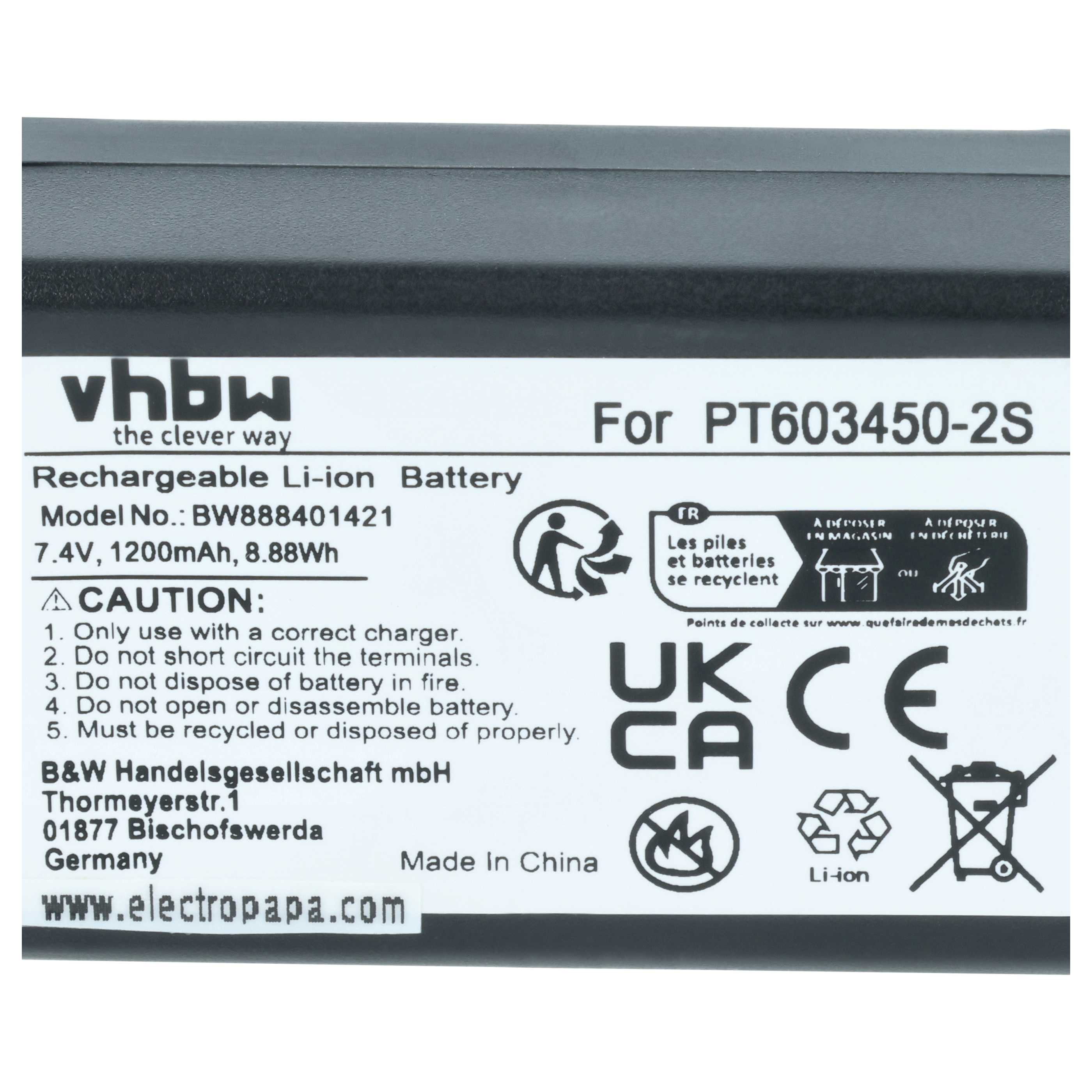 vhbw Li-Ion Akku für PT603450-2S, 7.4V, 1200mAh.