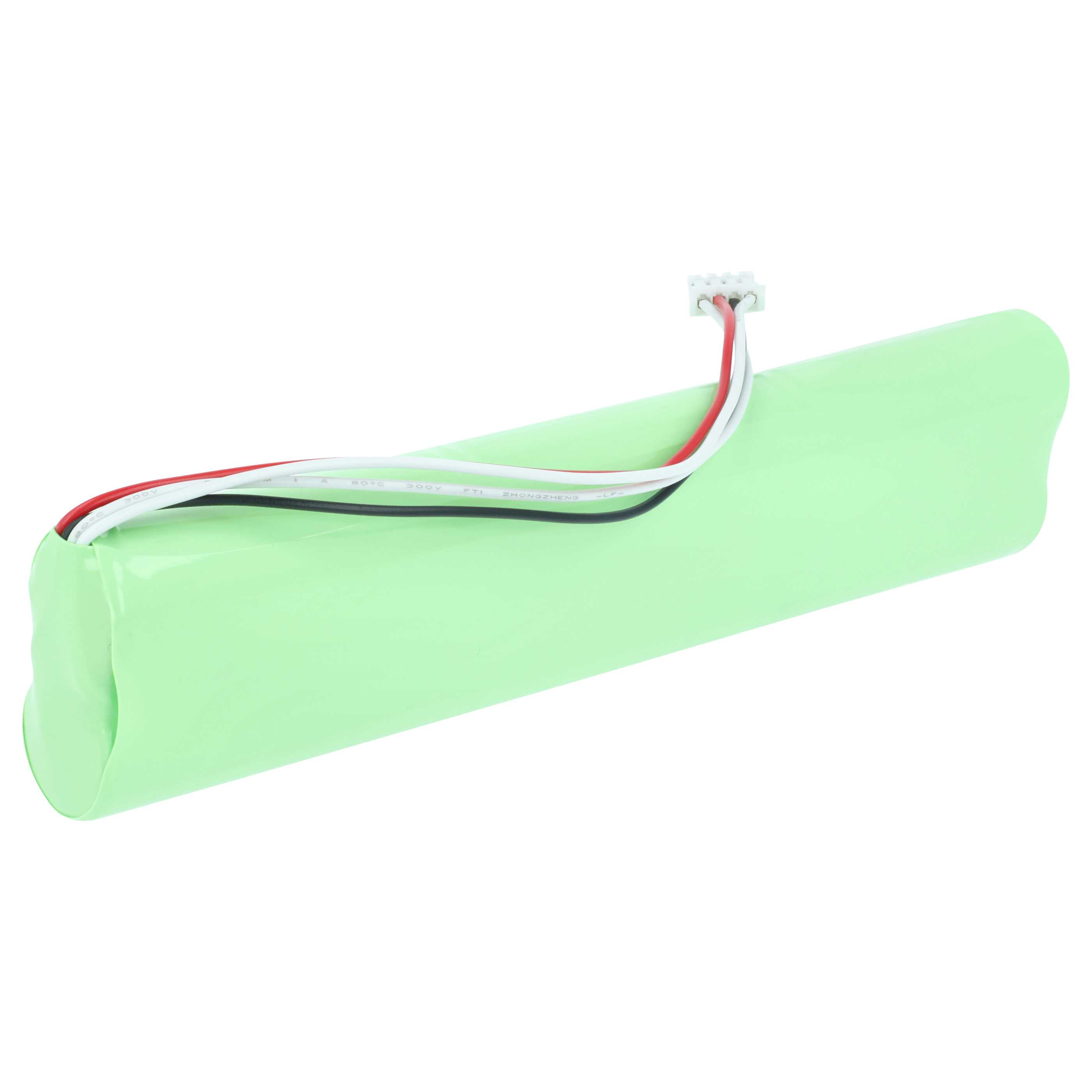 Grüne Batterie mit drei farbigen Drähten und einem weißen Stecker.