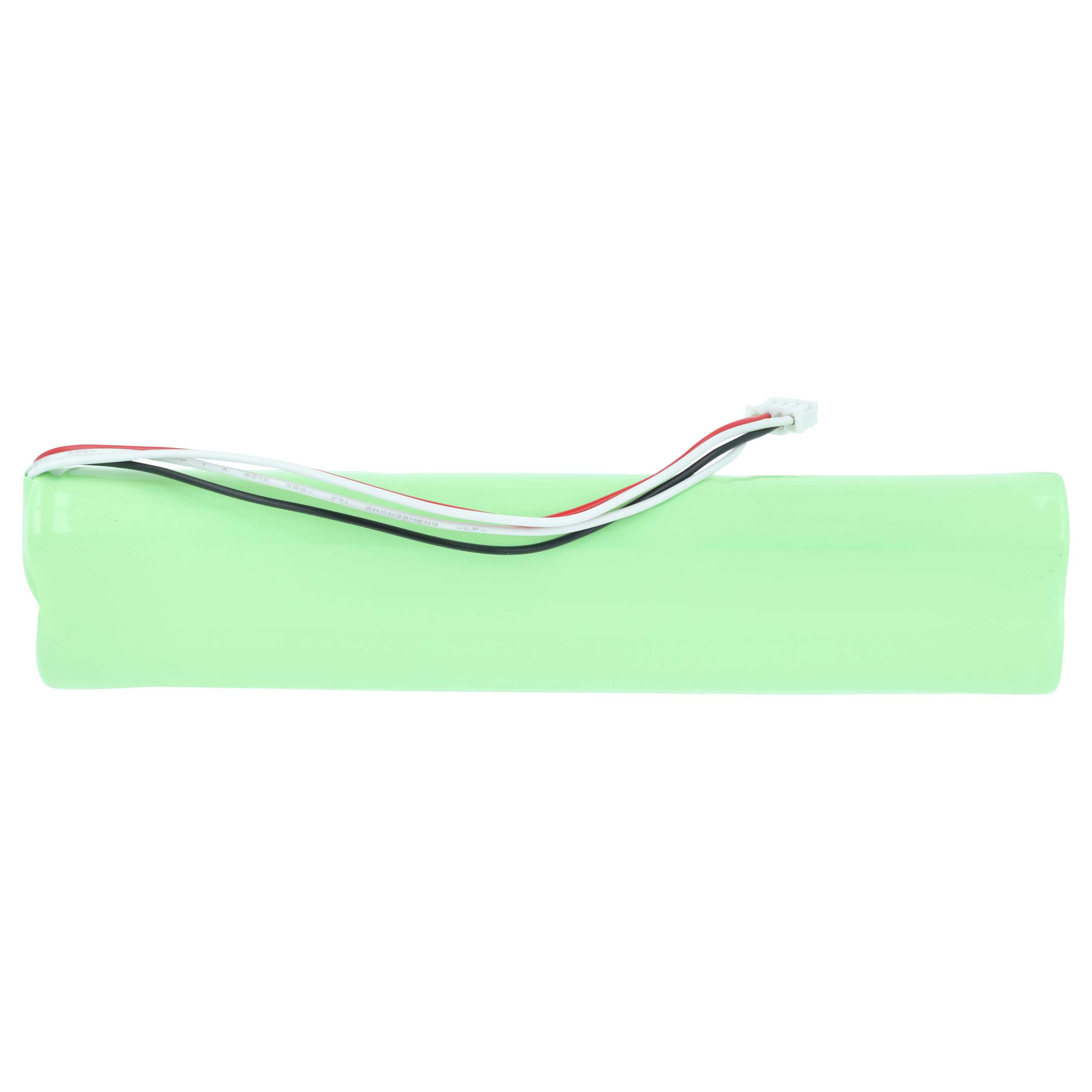 Grüne Batterie mit weißen, roten und schwarzen Drähten sowie einem weißen Stecker.