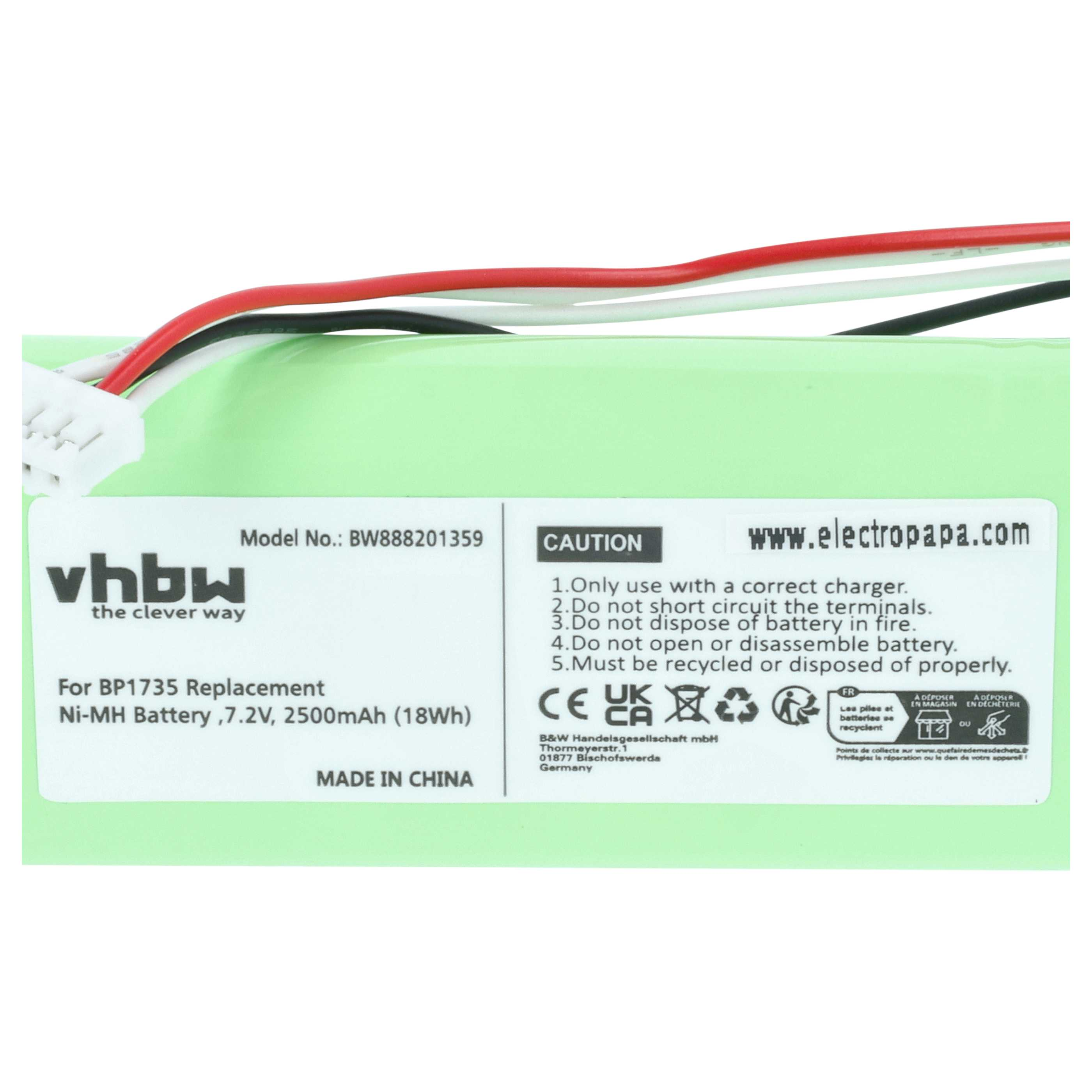 Grüne Ni-MH Batterie, 7,2V, 2500mAh, mit Kabeln und Warnhinweisen.