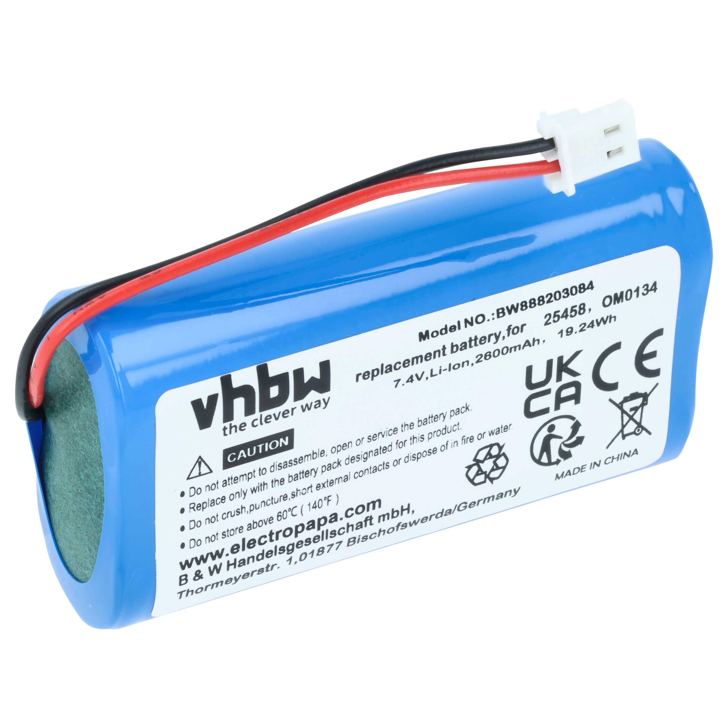 Eine blaue 7,4V Li-Ion-Batterie mit Kabeln und Beschriftungen, hergestellt in China.
