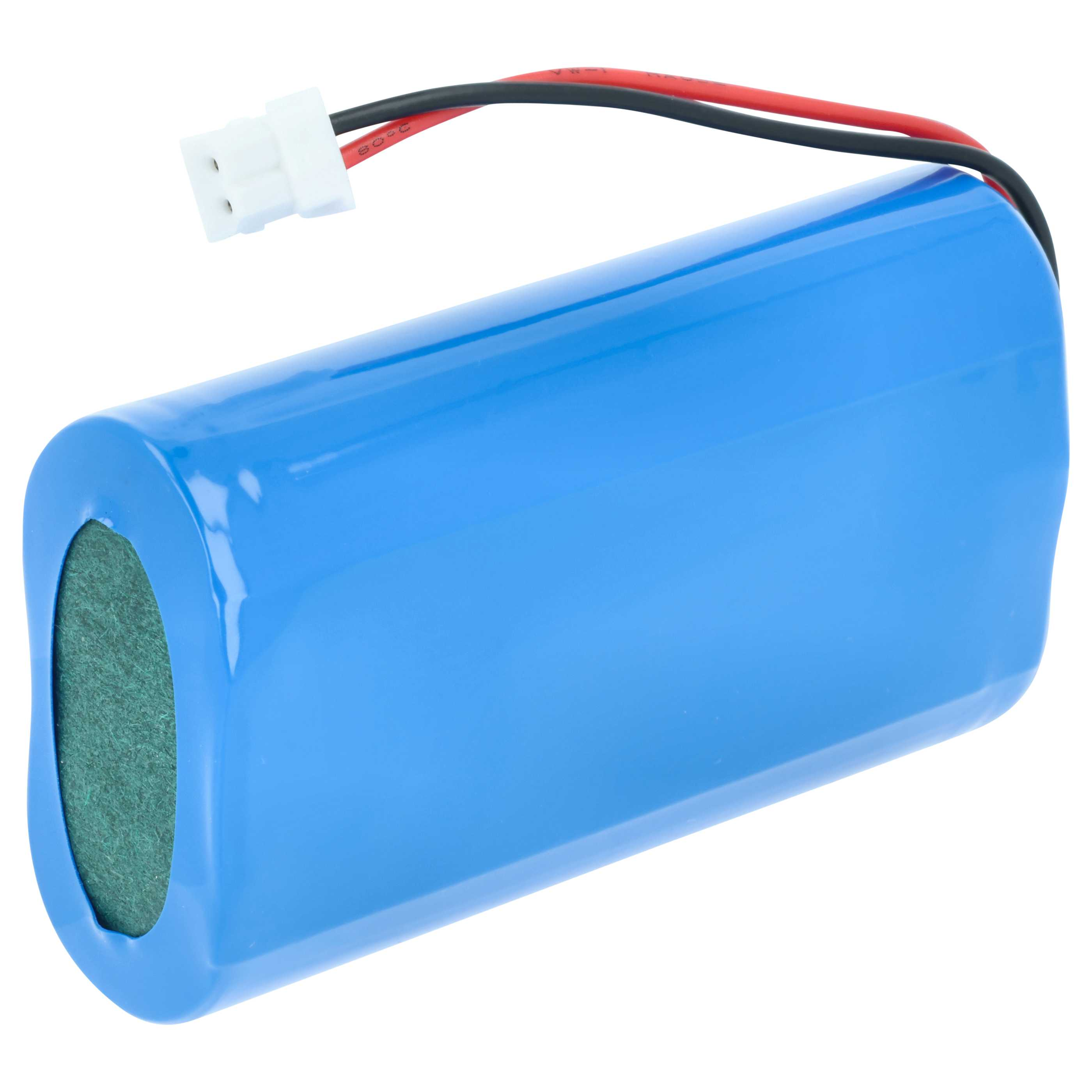 Ein blauer Akku mit weißen und schwarzen Kabeln sowie einem weißen Stecker.