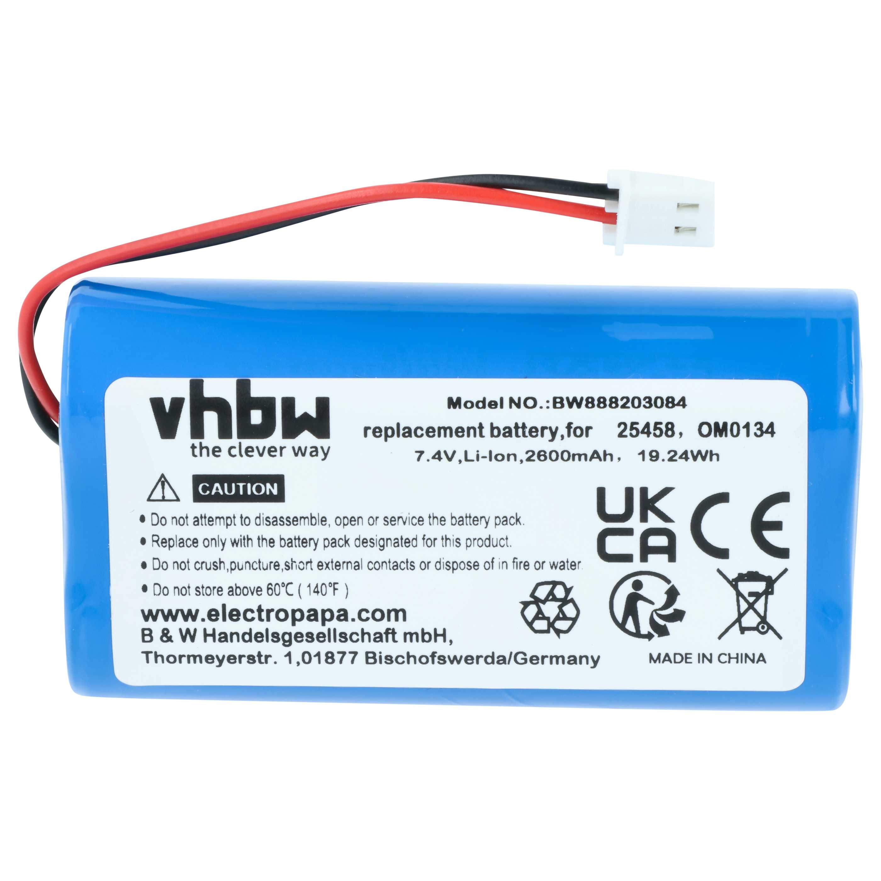 Blauer Lithium-Ionen-Akku mit Kabeln und Beschriftung, 7,4V, 2600mAh.