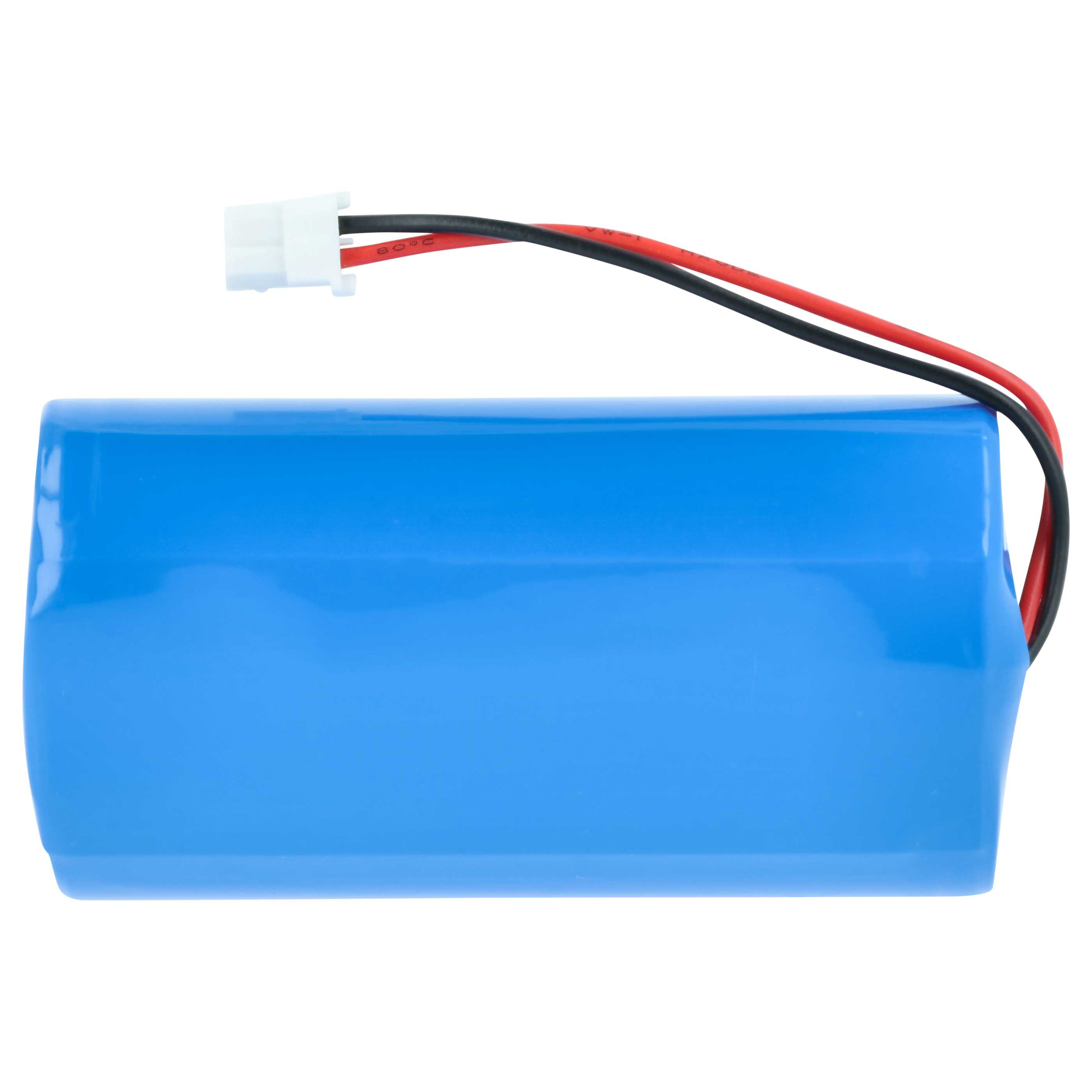 Ein blauzylindrischer Akku mit weißen Stecker und roten/schwarzen Kabeln.