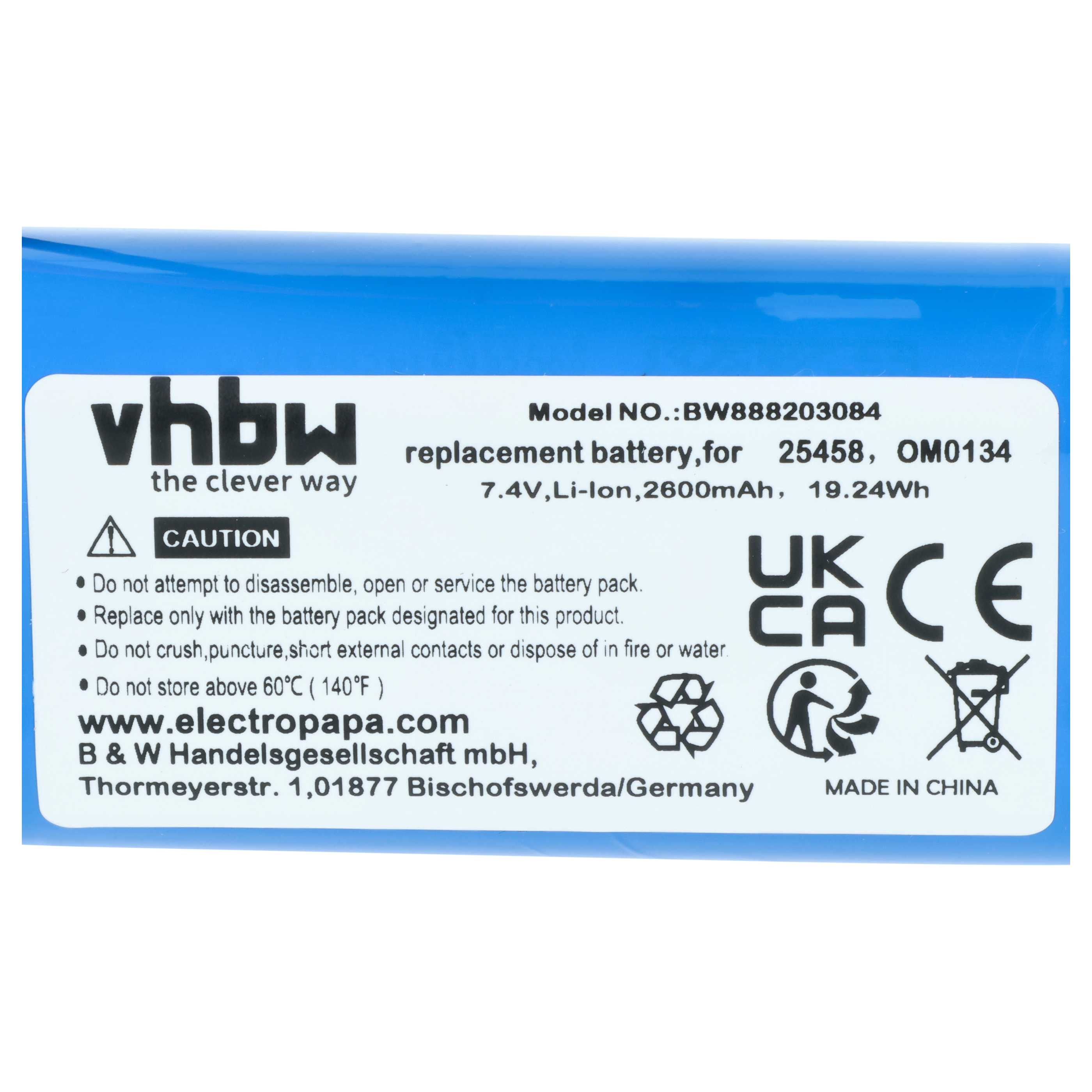 vhbw Ersatzakku, 7.4V, 2600mAh, Li-Ion. Mit Warnhinweisen und Herstellungsland China.
