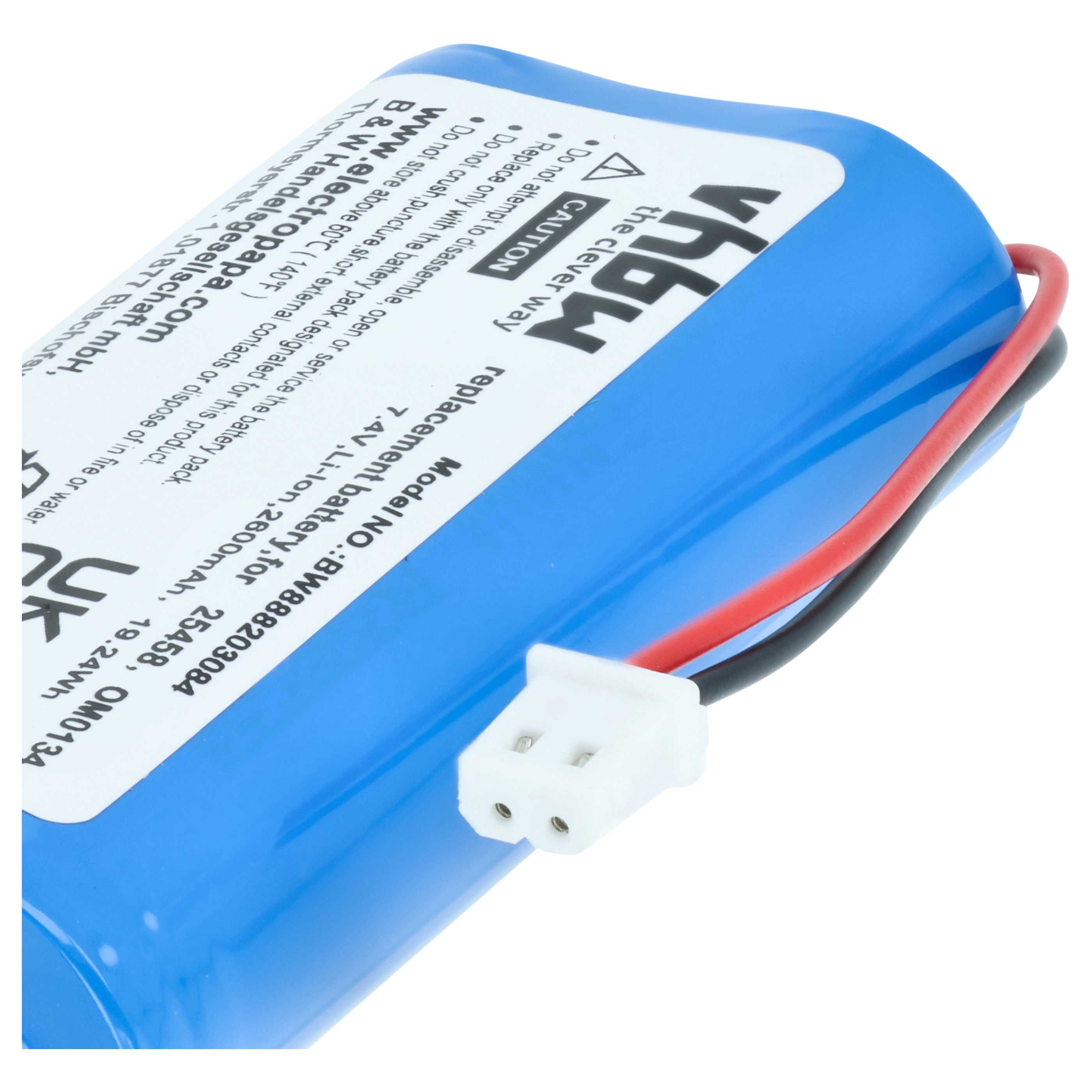Blauer Lithium-Ionen-Akku mit Anschlusskabel und weißem Stecker.