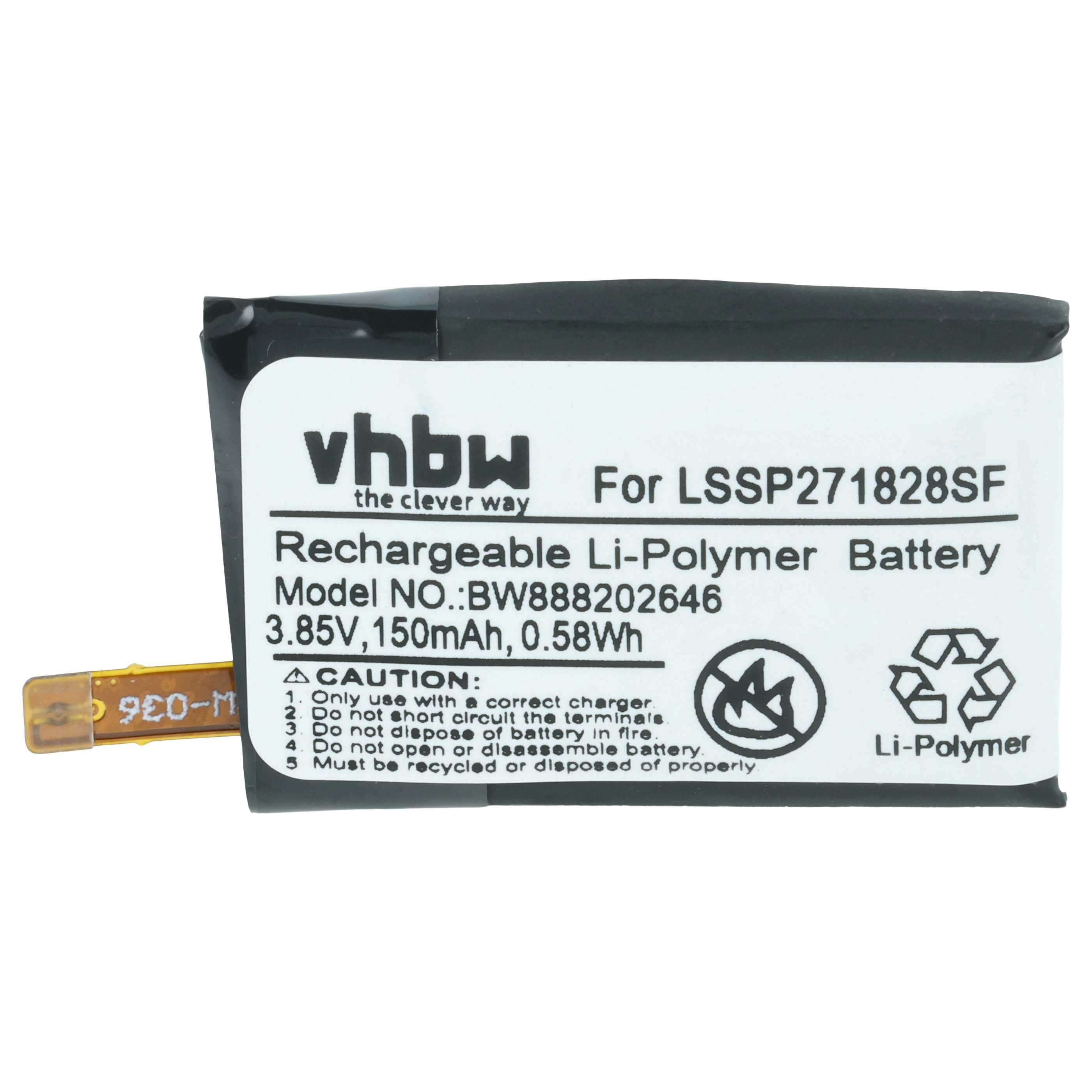 Ein schwarzer Li-Polymer-Akku mit Aufschriften: vhbw, LSSP271828SF, 3.85V, 150mAh.