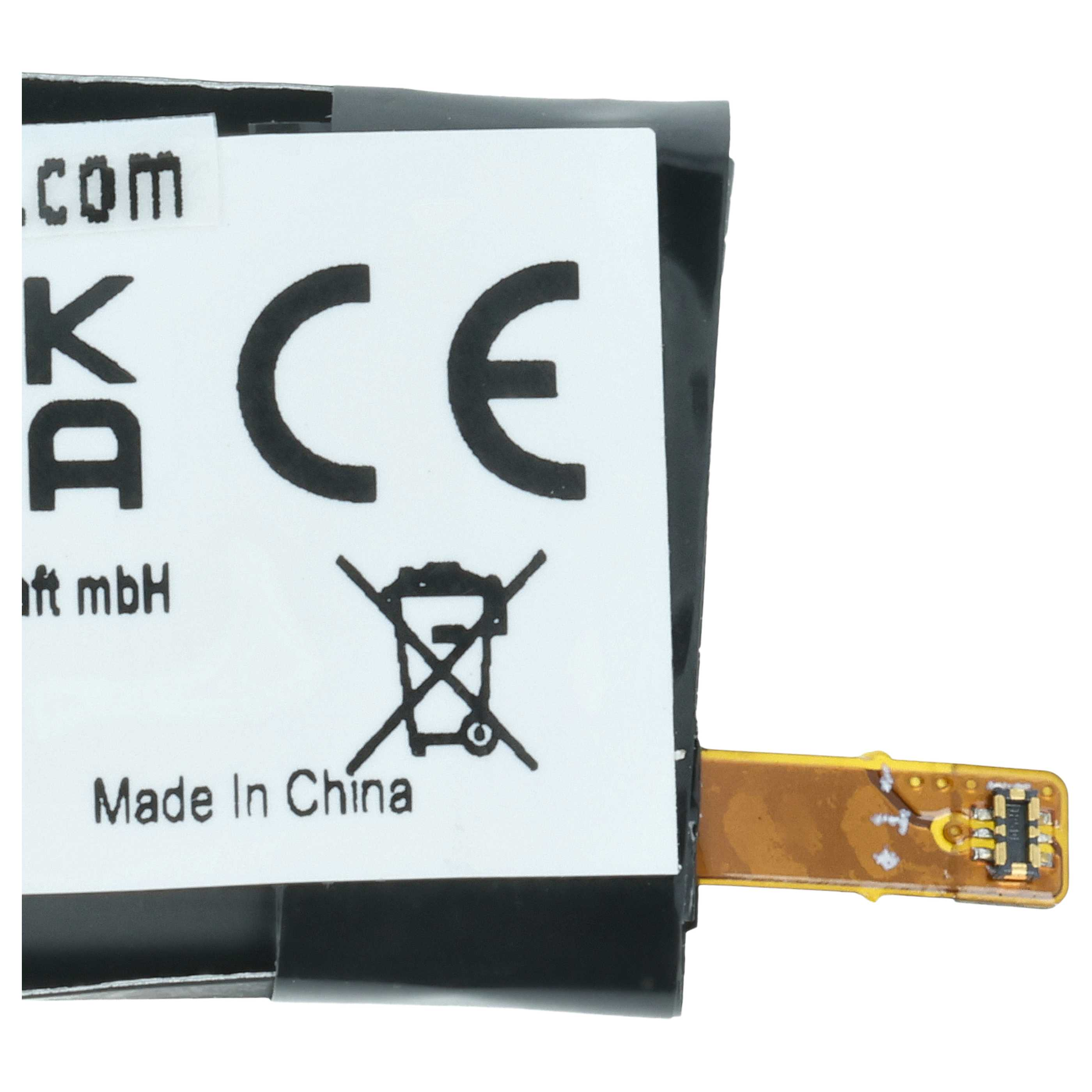 Ein Teil einer schwarzen Batterie mit CE-Zeichen, Warnsymbol und 