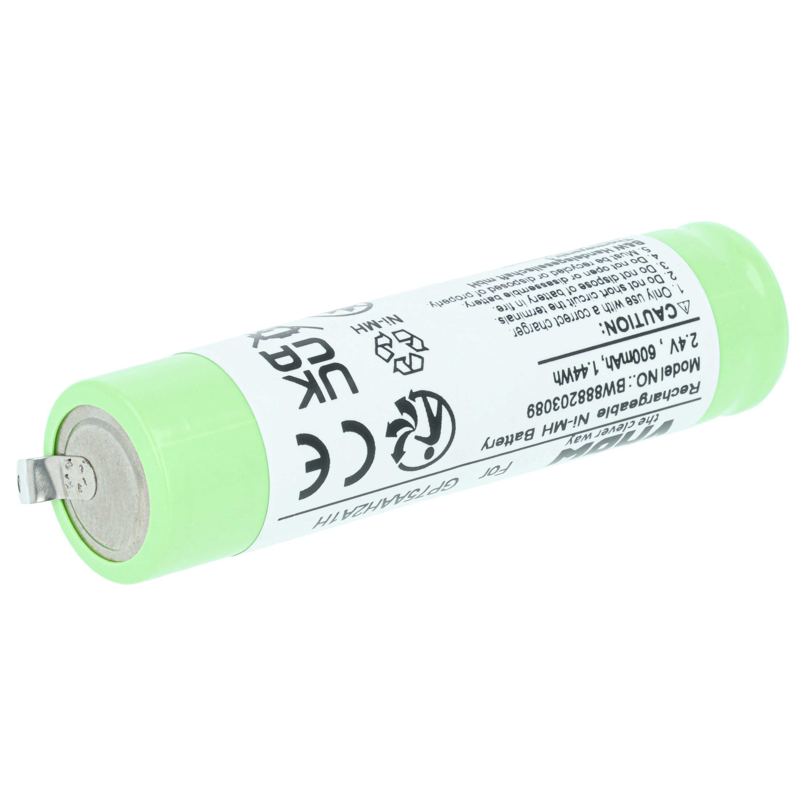 Grüne wiederaufladbare 2,4V Ni-MH-Batterie mit Metallanschluss und CE-Zeichen.