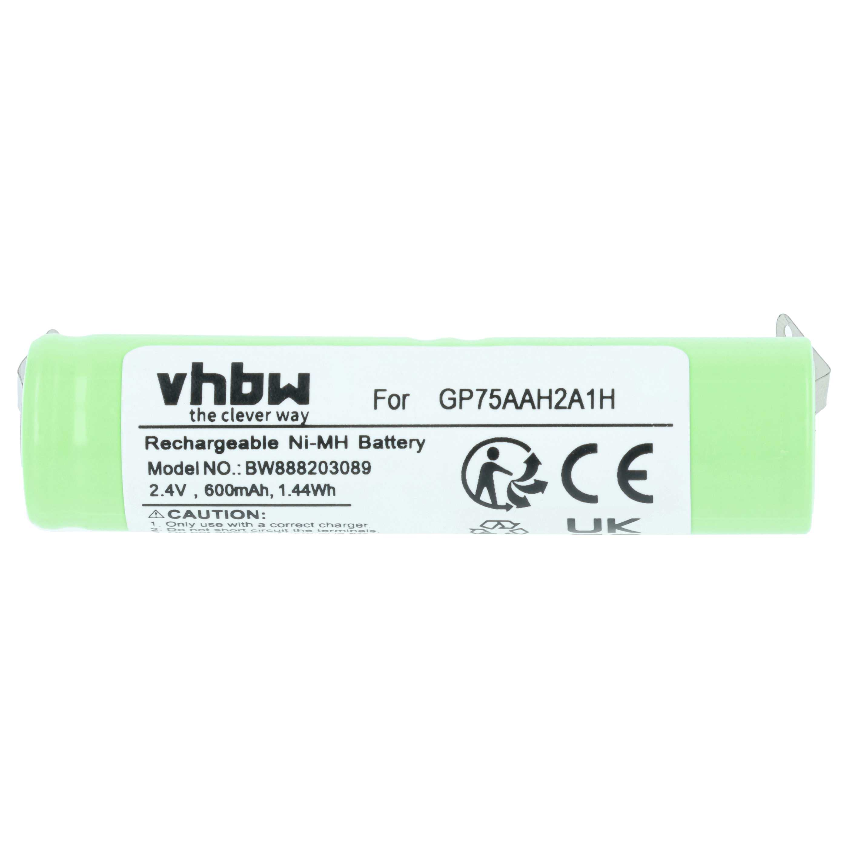 Grüne Ni-MH Batterie, 2,4V, 600mAh, mit vhbw Logo und CE-Zeichen.