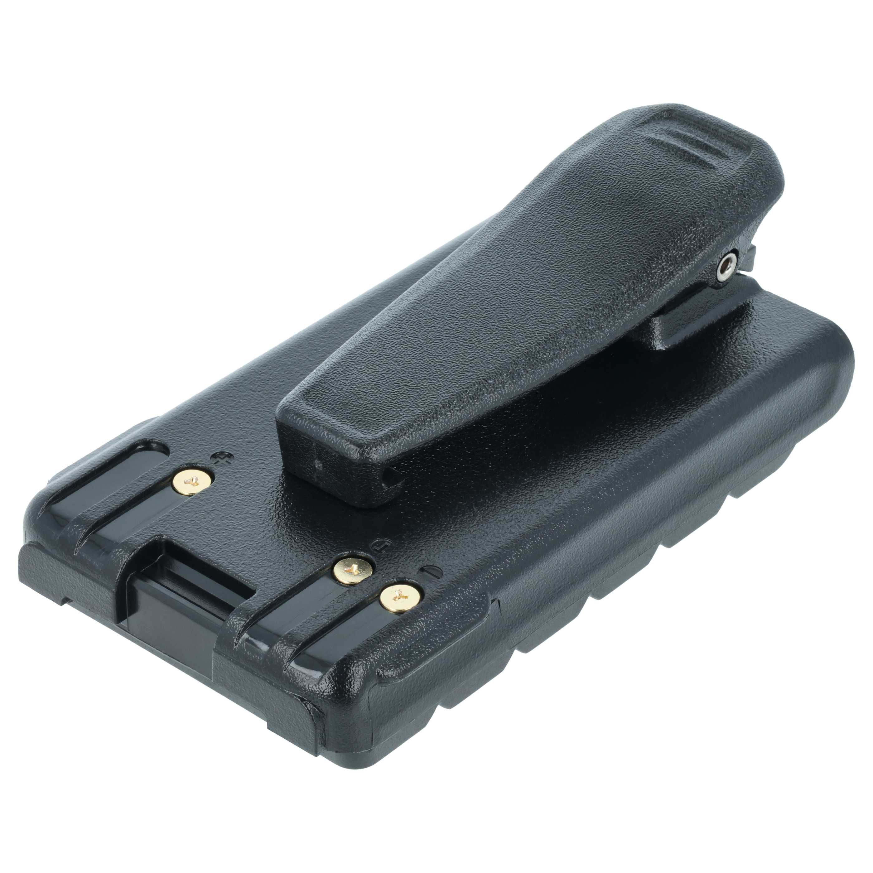 Ein schwarzer Batterieclip mit einer einzelnen Schraube und einem schmalen Clip.