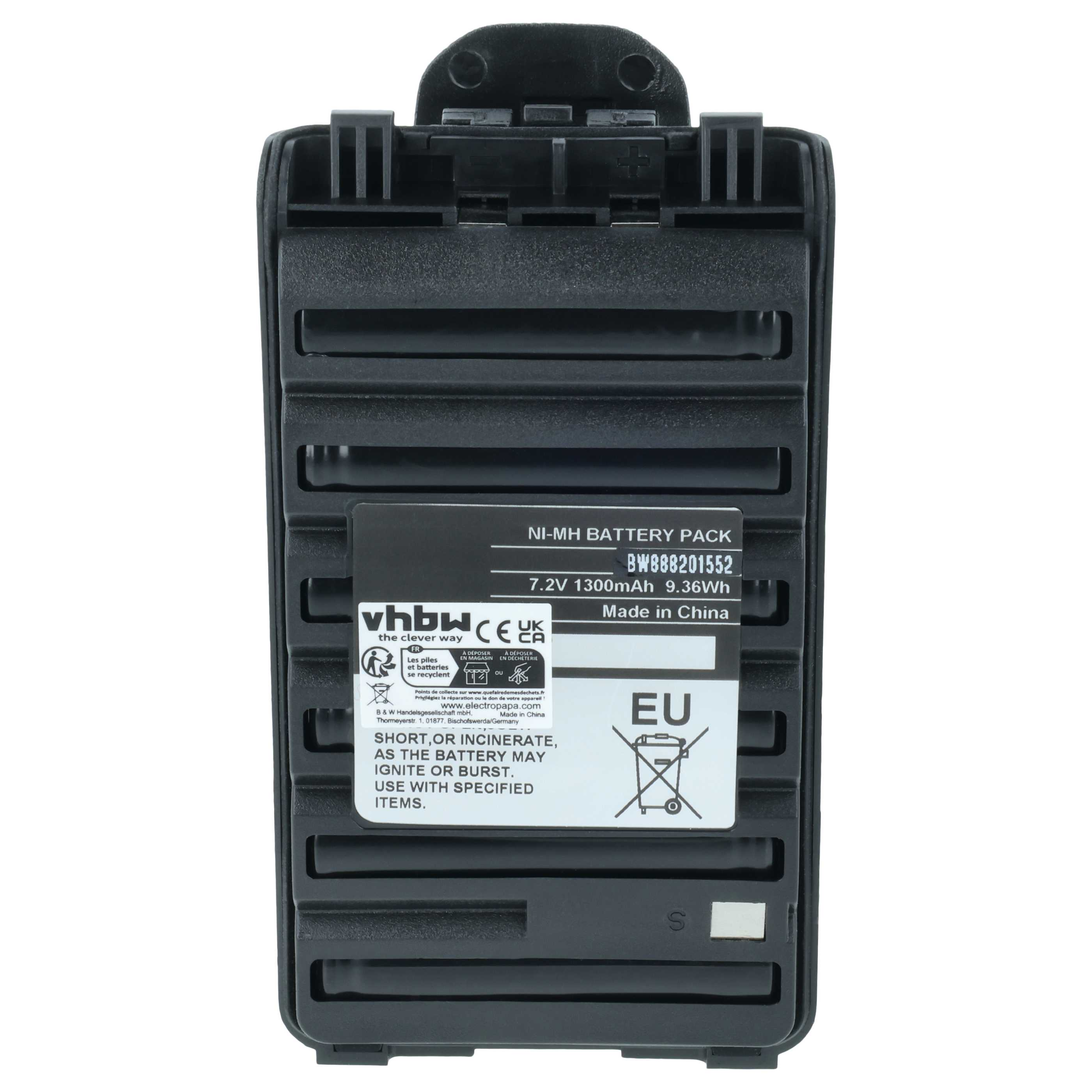 Schwarzer Ni-MH Akku mit Beschriftung: 7.2V, 1300mAh, Made in China.