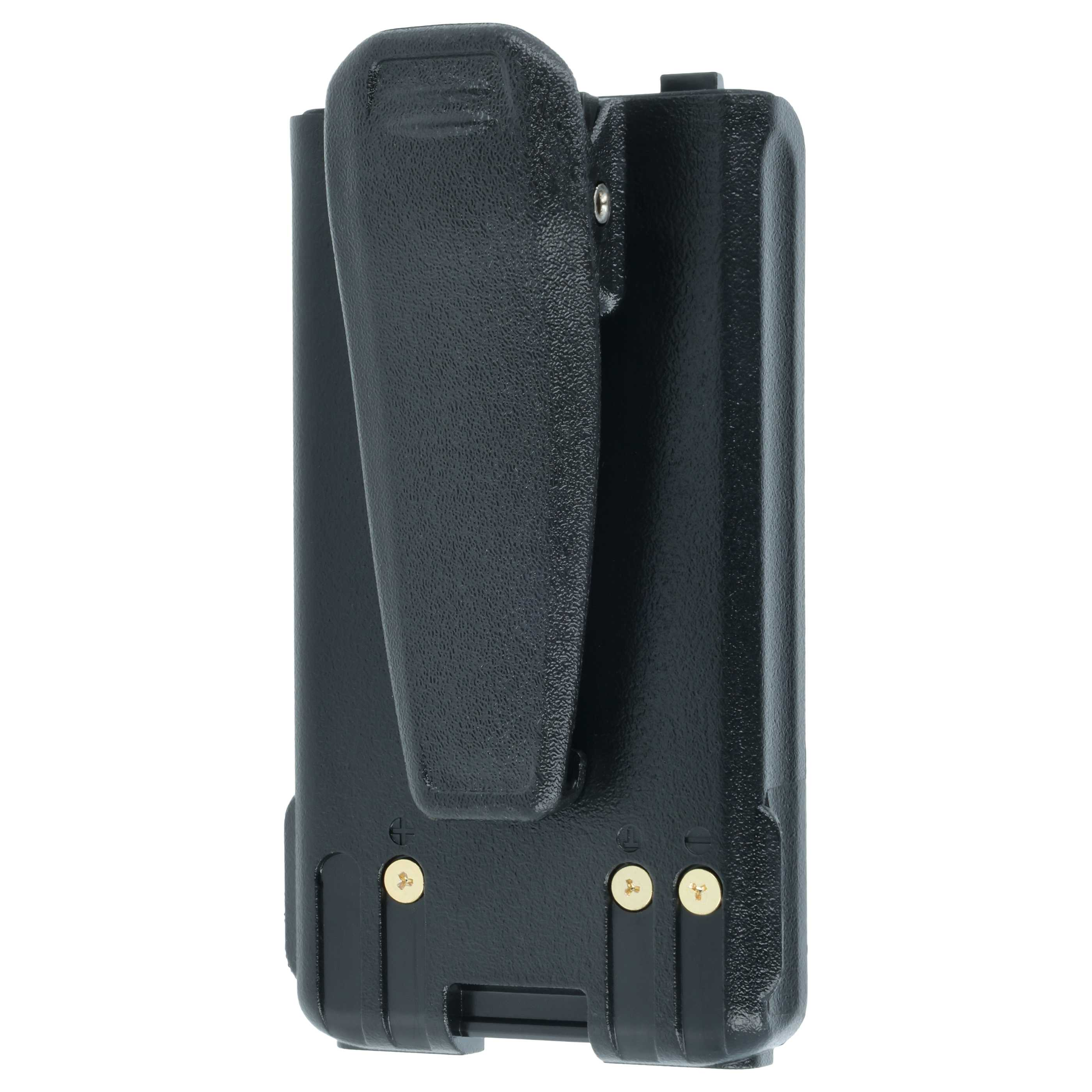 Schwarzer Akku mit Gürtelclip, auf weißem Hintergrund.