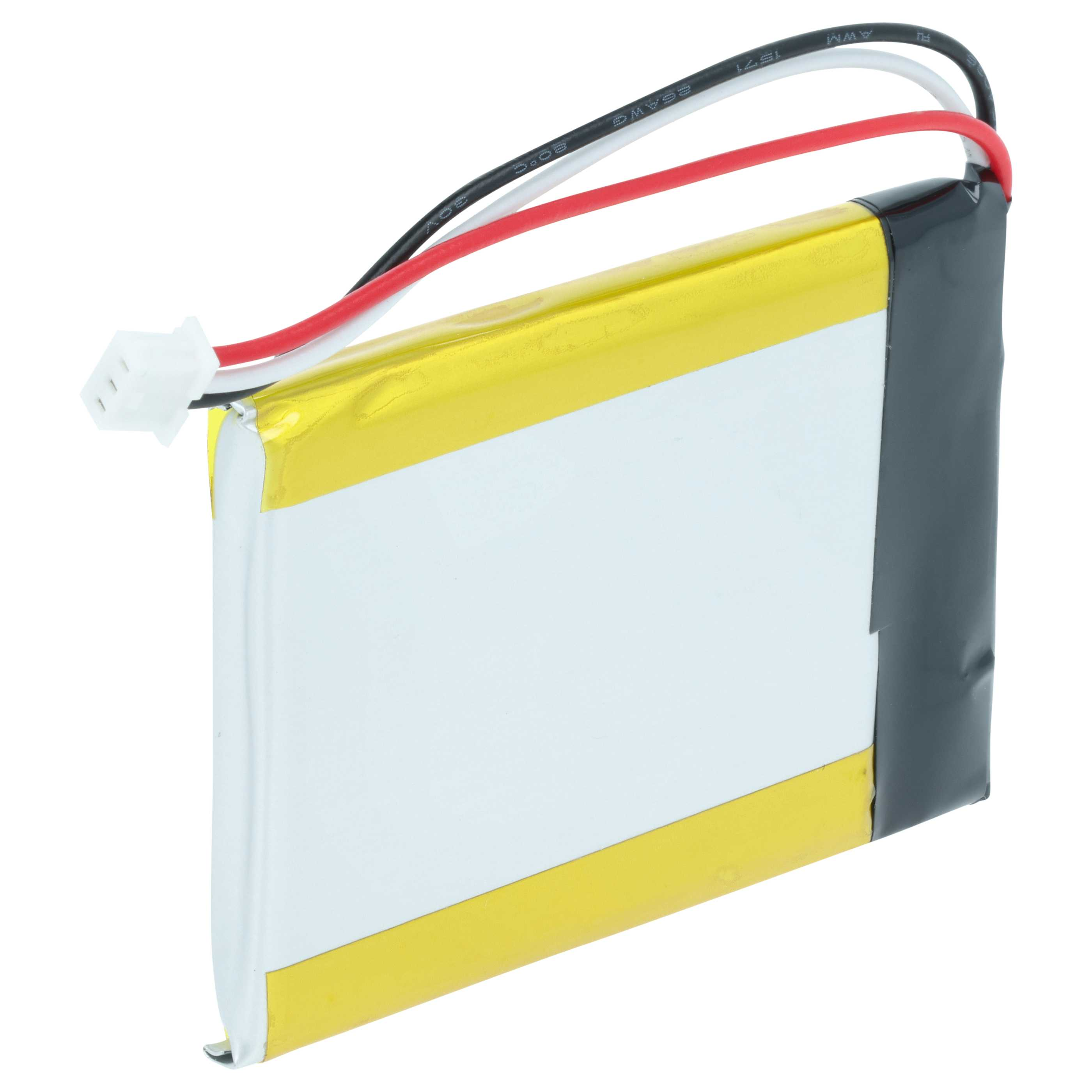 Ein flacher Lithium-Polymer-Akku mit gelben und weißen Markierungen und Kabeln.