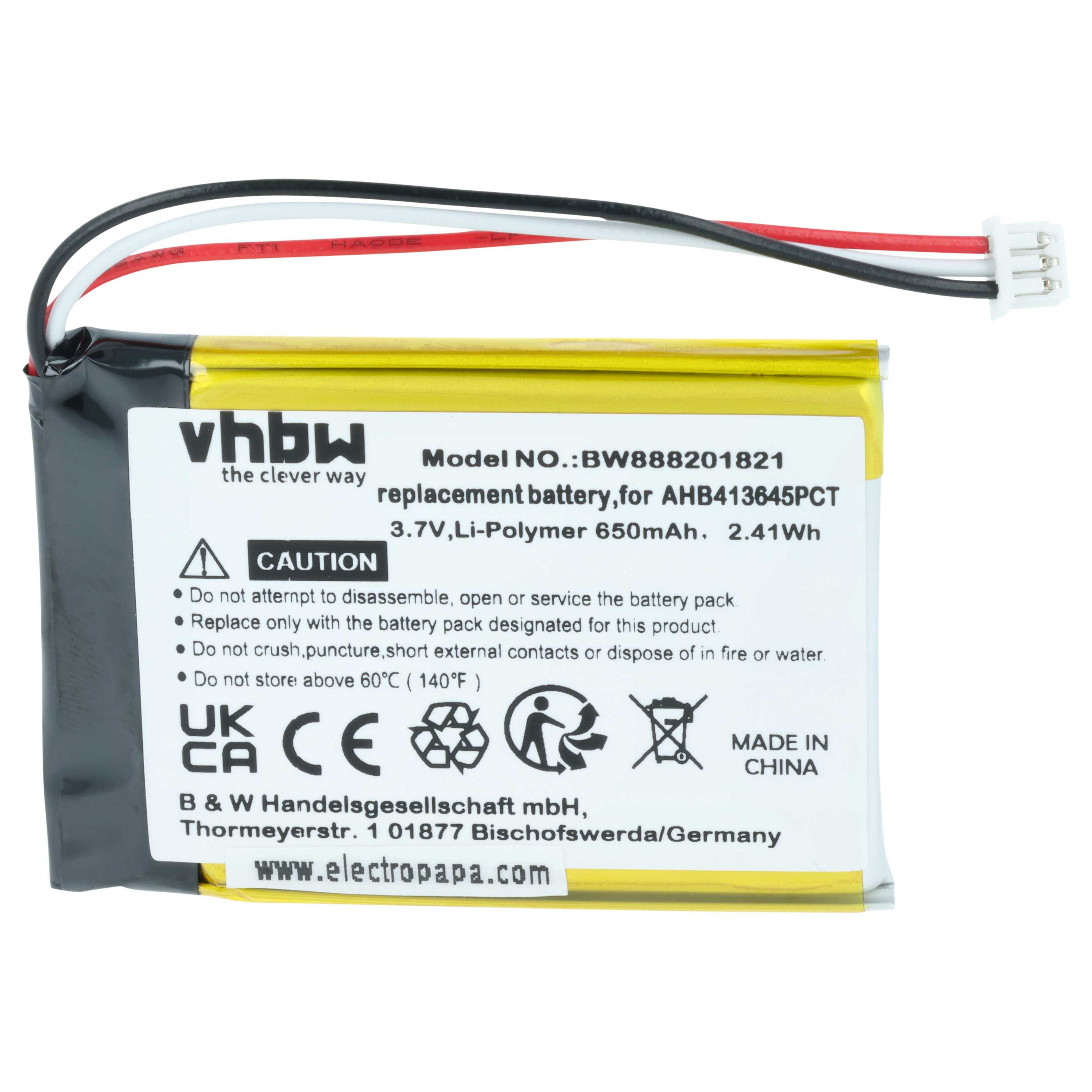 Gelber Lithium-Polymer-Akku mit schwarzen, weißen und roten Kabeln und weißem Etikett.