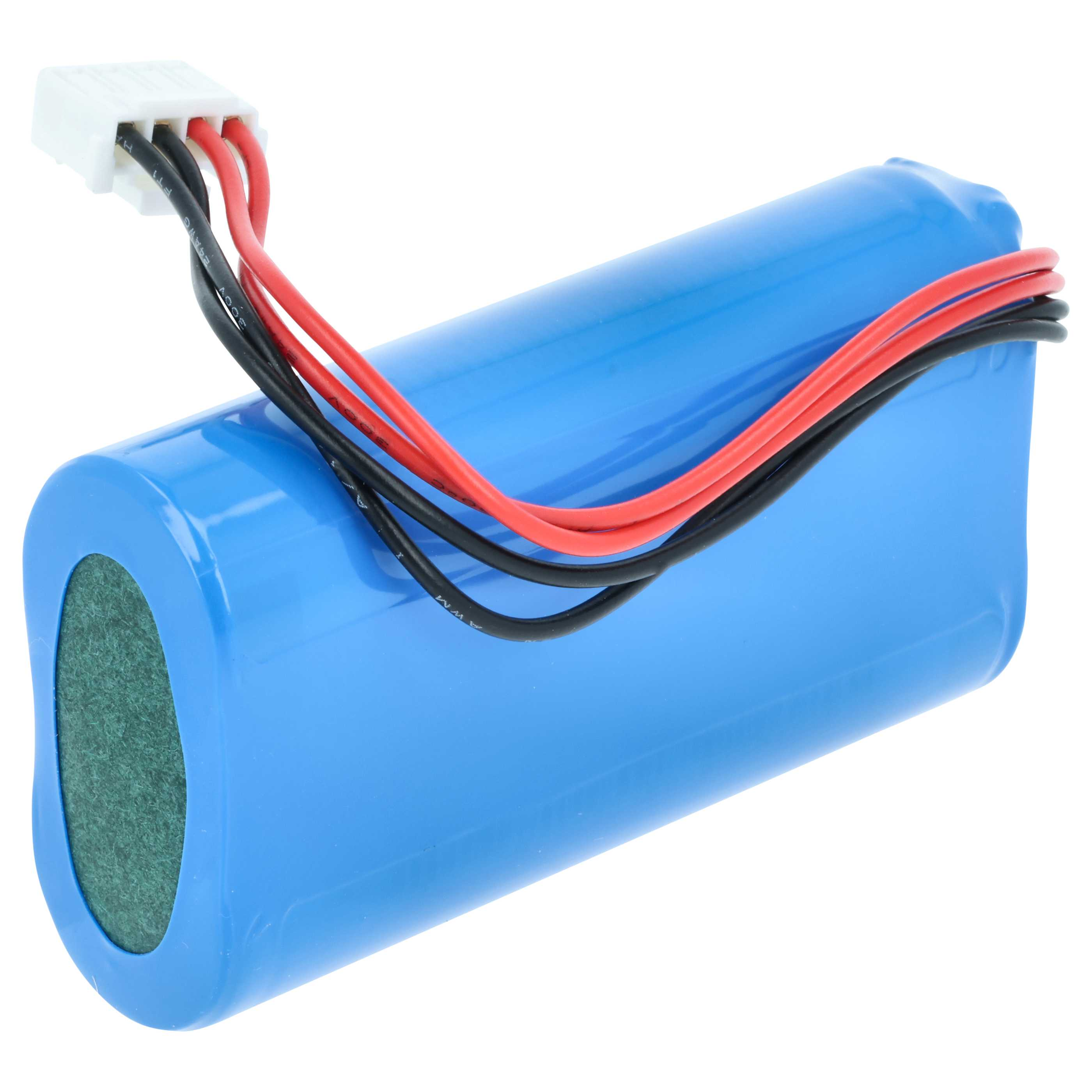 Ein blauer Akku mit roten und schwarzen Kabeln, die an einem weißen Stecker befestigt sind.