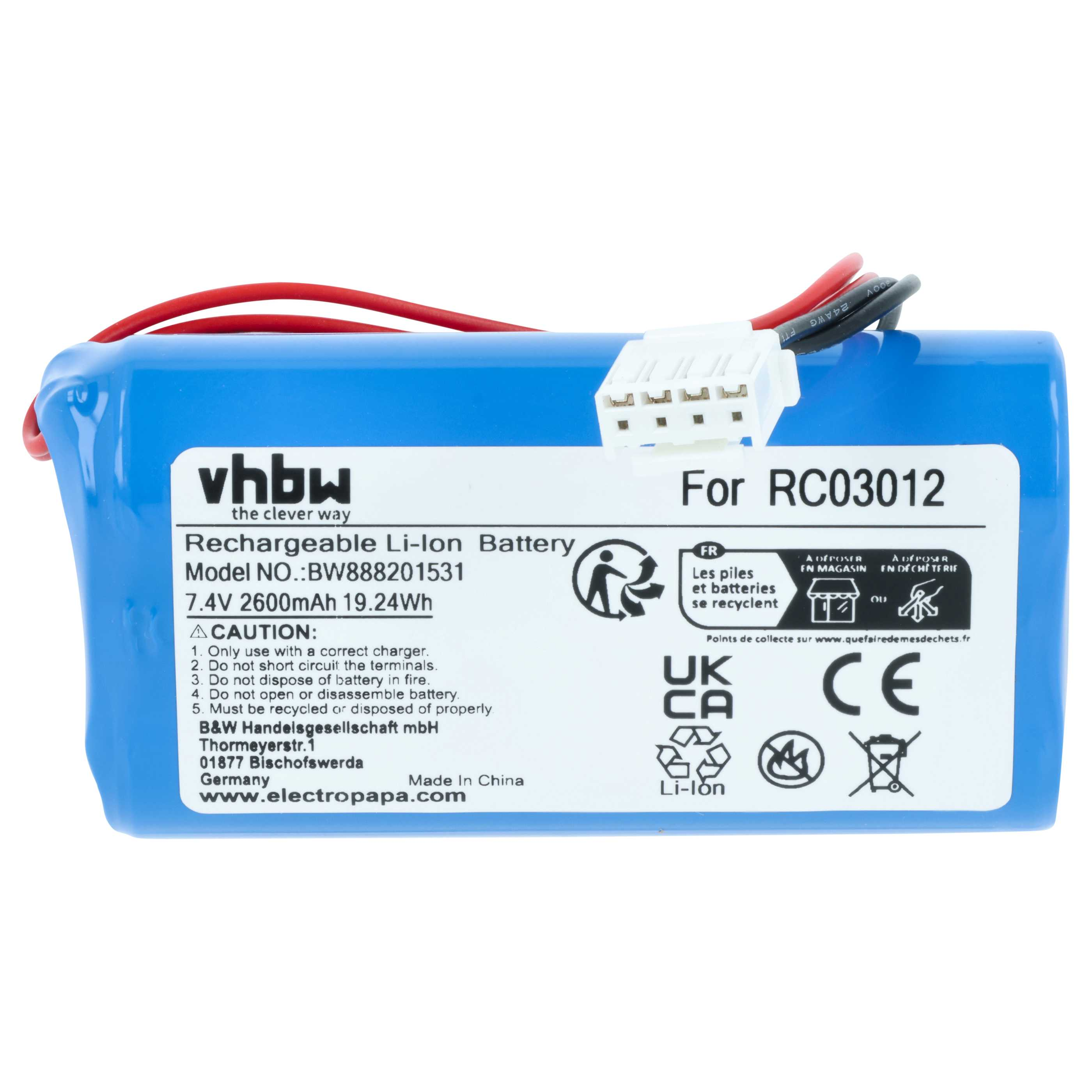 Blauer Li-Ion Akku 7,4V 2600mAh für RC03012 mit Kabel und Stecker.