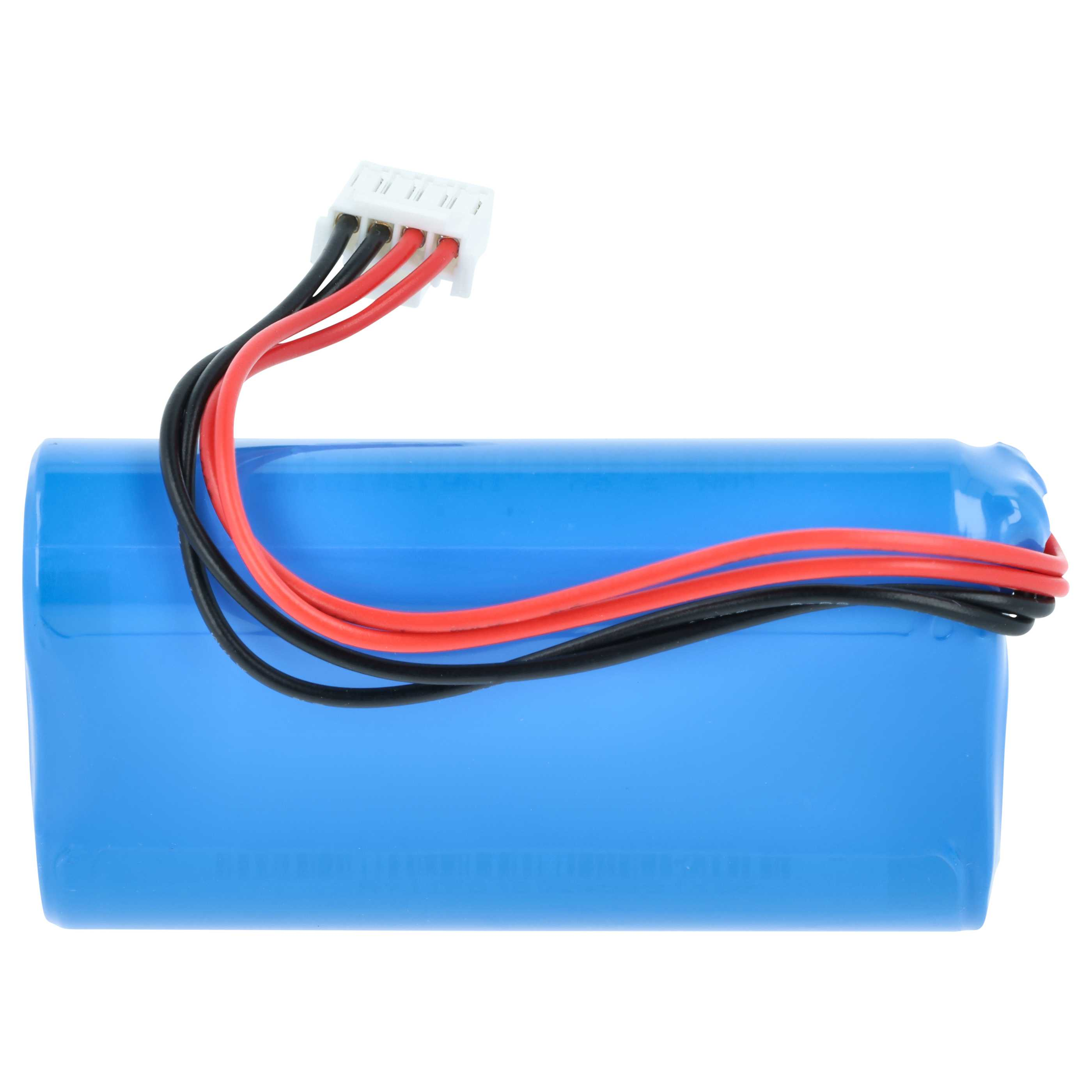 Ein blauer Akku mit roten und schwarzen Kabeln, die an einem weißen Stecker befestigt sind.