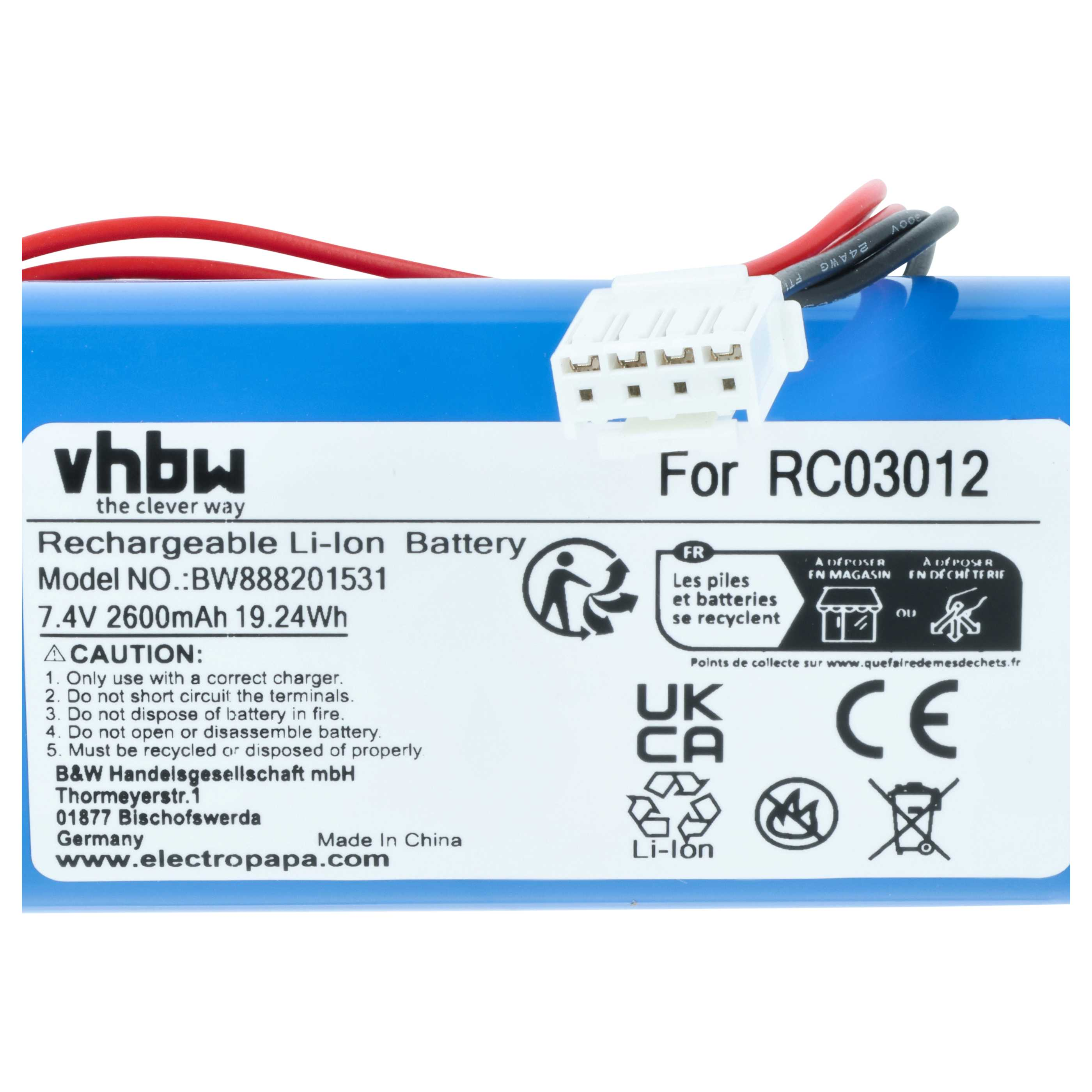 Blauer Akku mit weißen Anschlüssen und roten Kabeln, Beschriftung für RC03012.