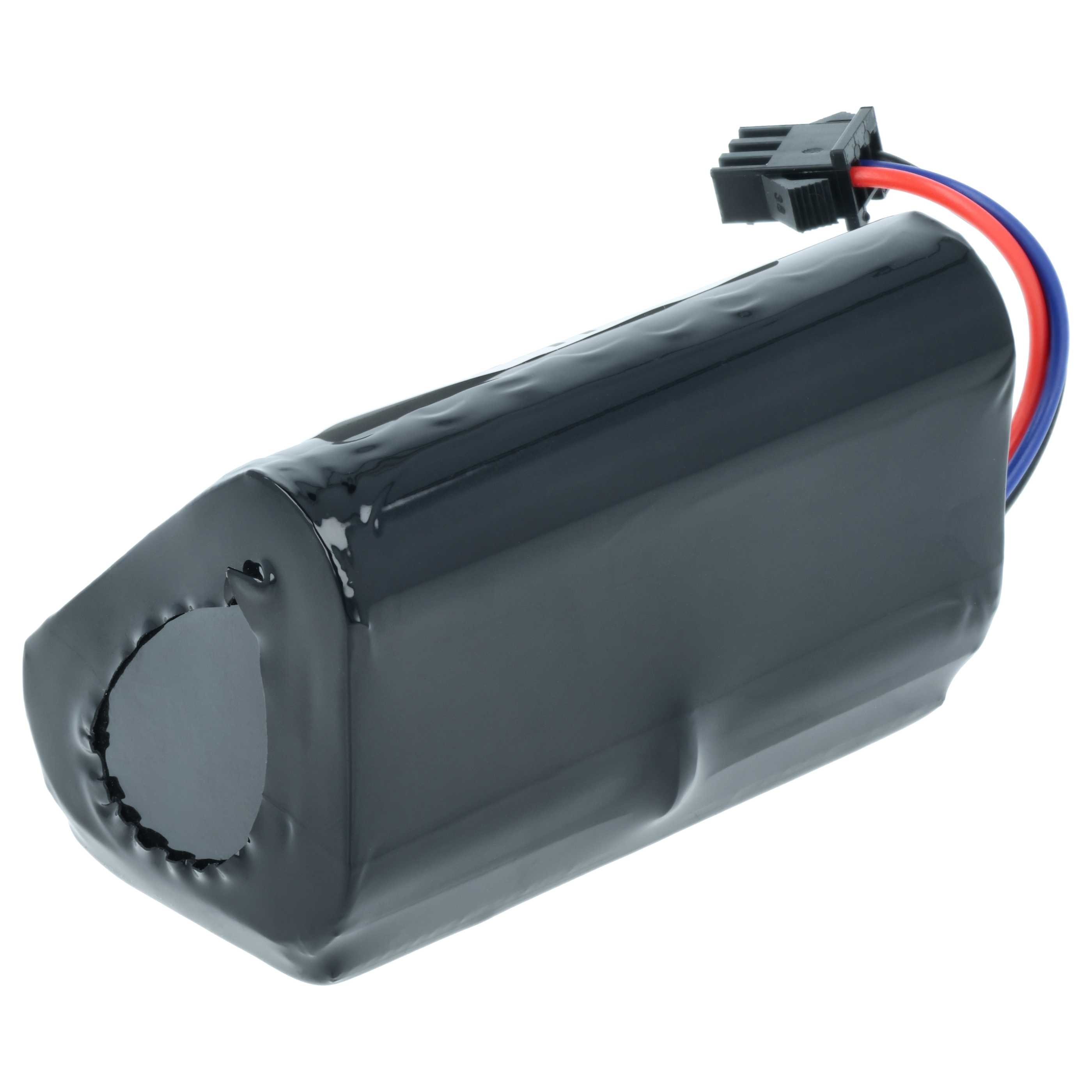 Schwarzer Akku mit roten und blauen Kabeln und einem schwarzen Stecker.