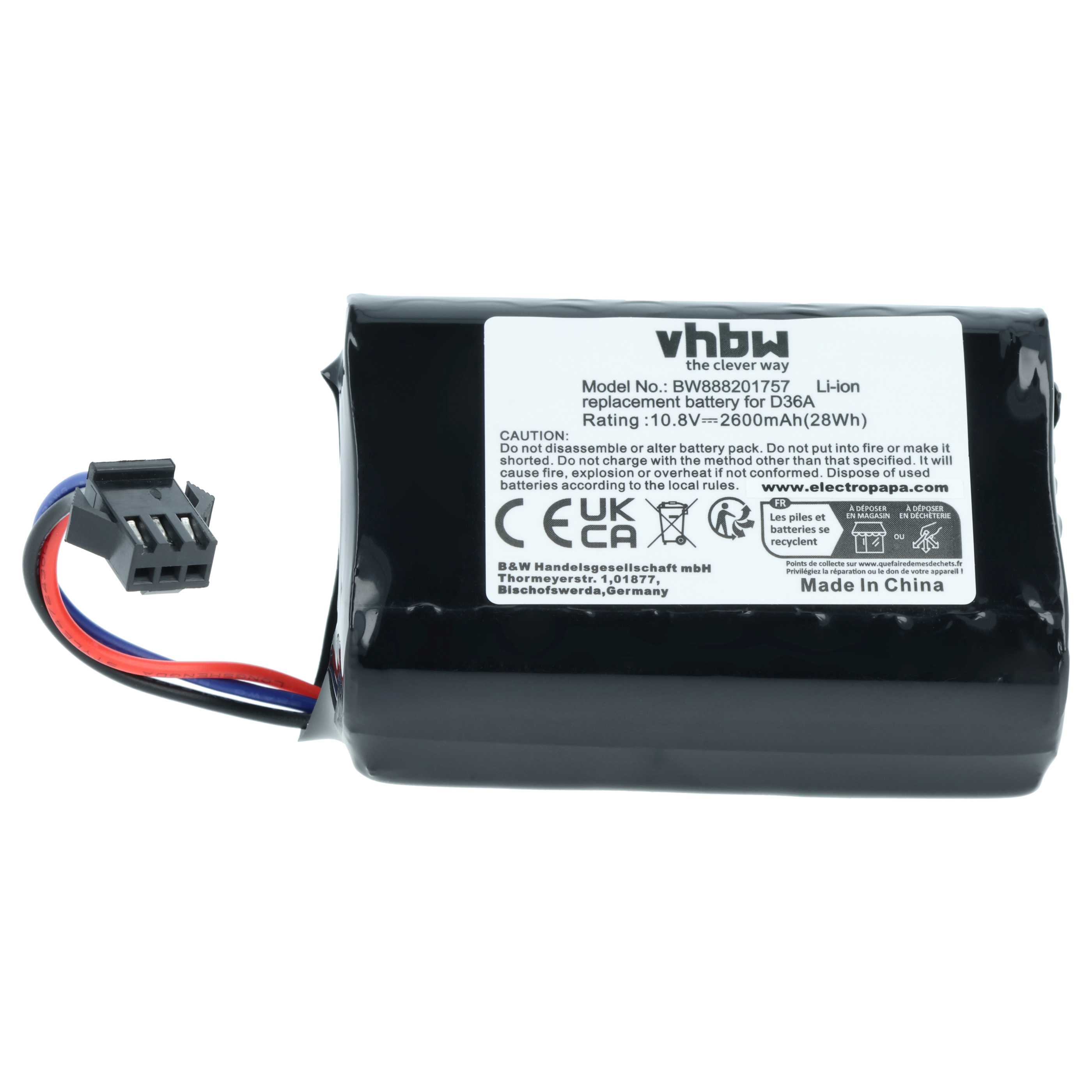 Schwarzer Li-Ion-Akku mit Kabel und Stecker, Modell BW888201757, Made in China.