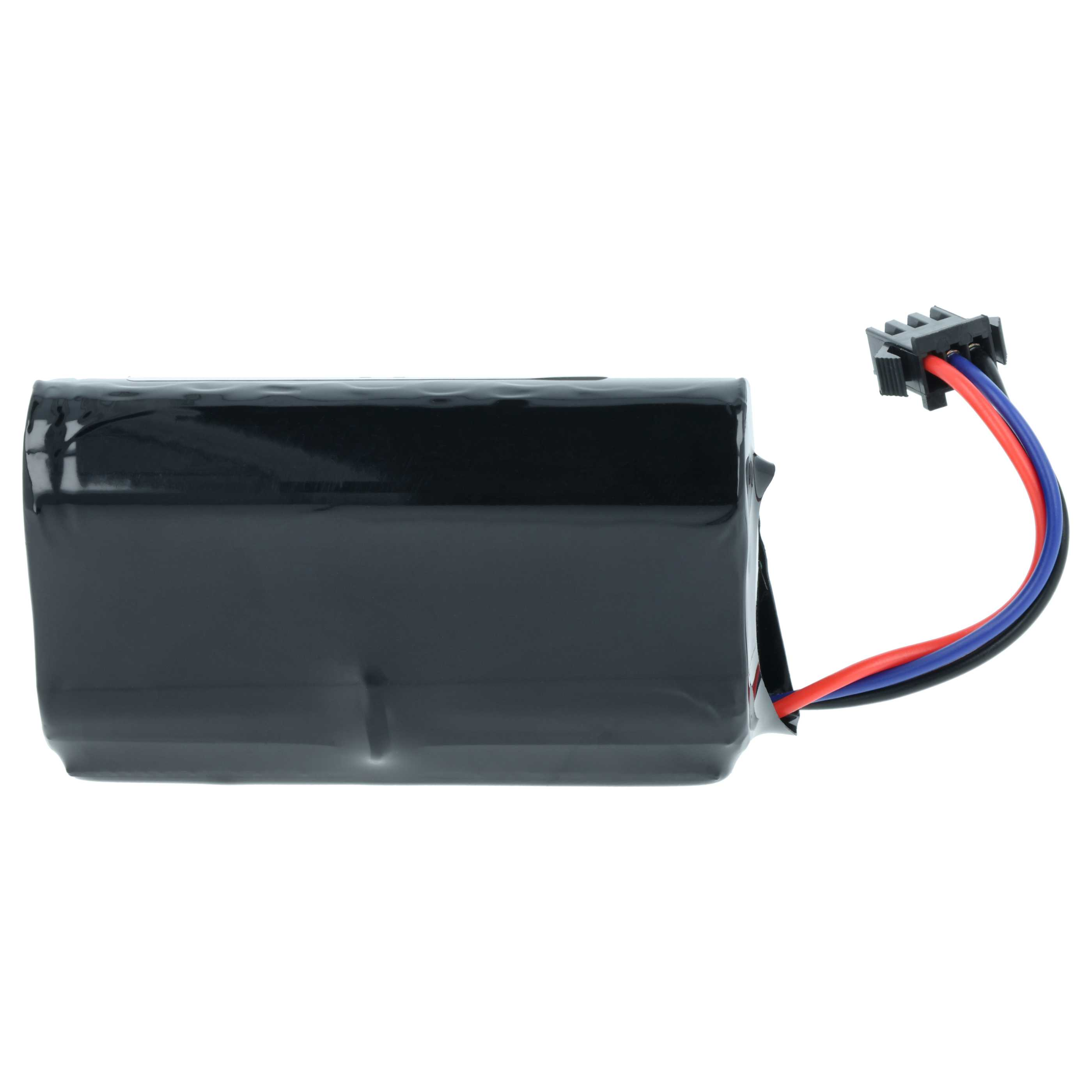 Schwarzer Akku mit rotem, blauem und schwarzem Kabel und einem Stecker.