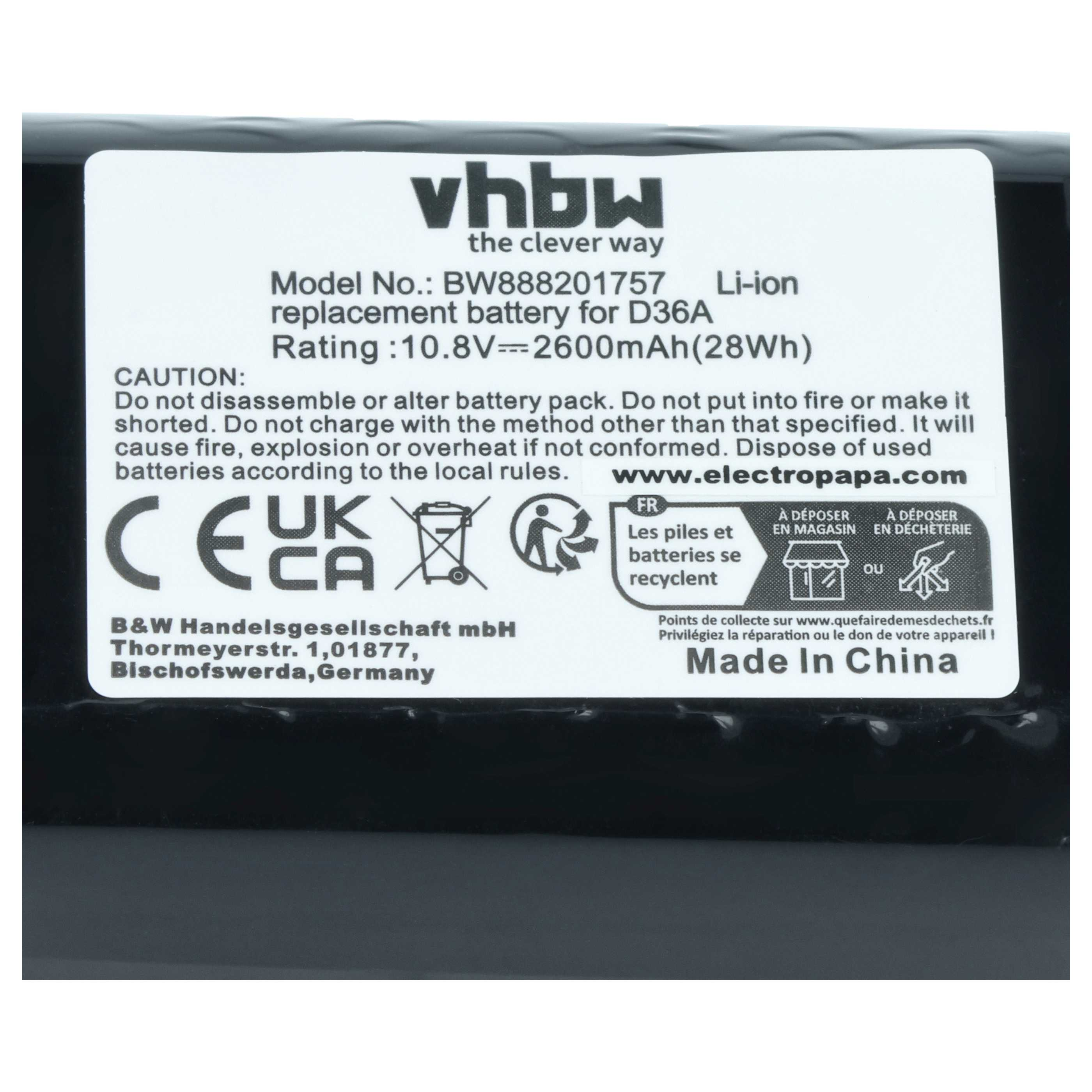 vhbw Li-Ion Ersatzakku für D36A, 10.8V, 2600mAh. Warnhinweise & Made in China.