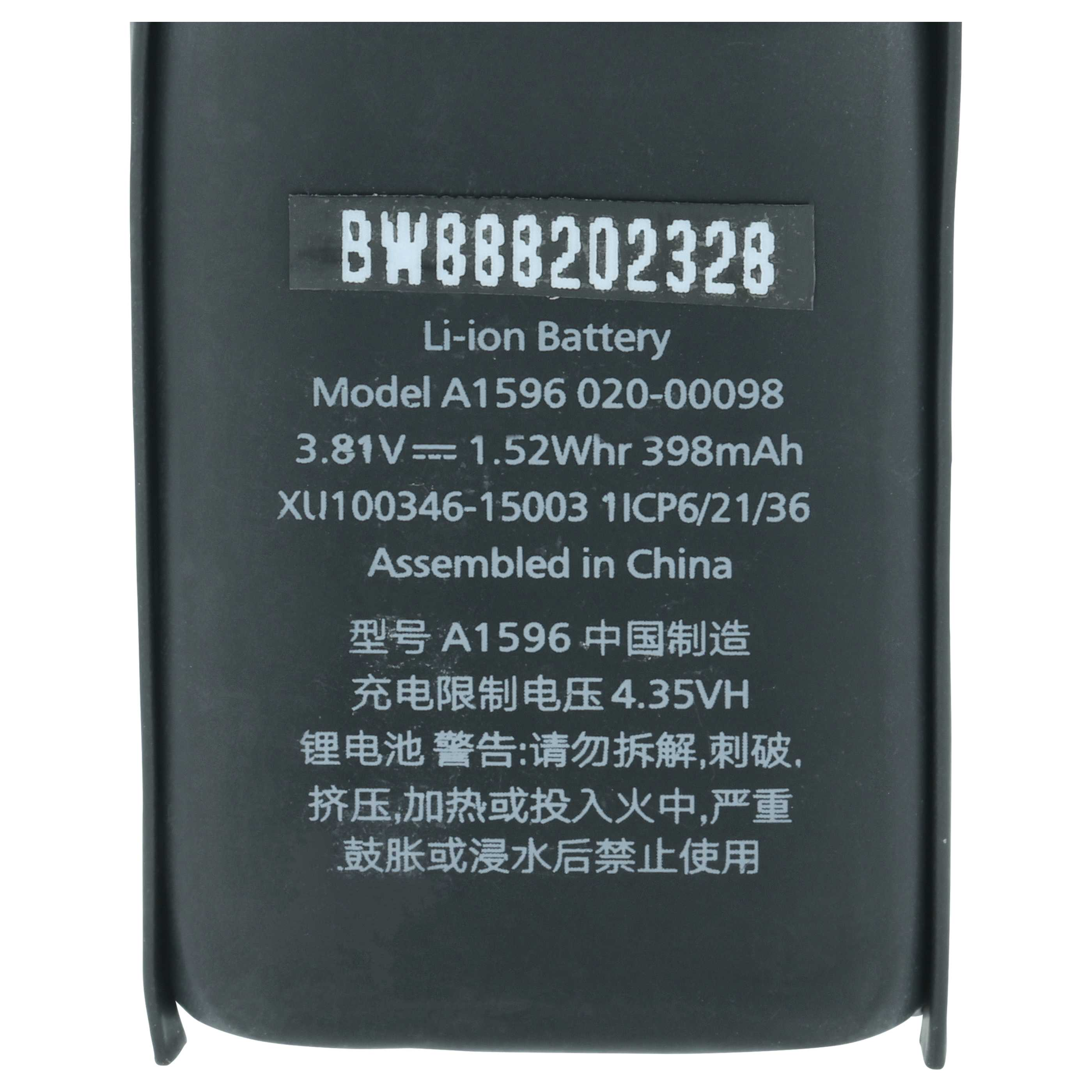 Schwarzer Li-Ionen-Akku mit Aufdruck: Modell A1596, 3,81V, 1,52Whr, 398mAh.