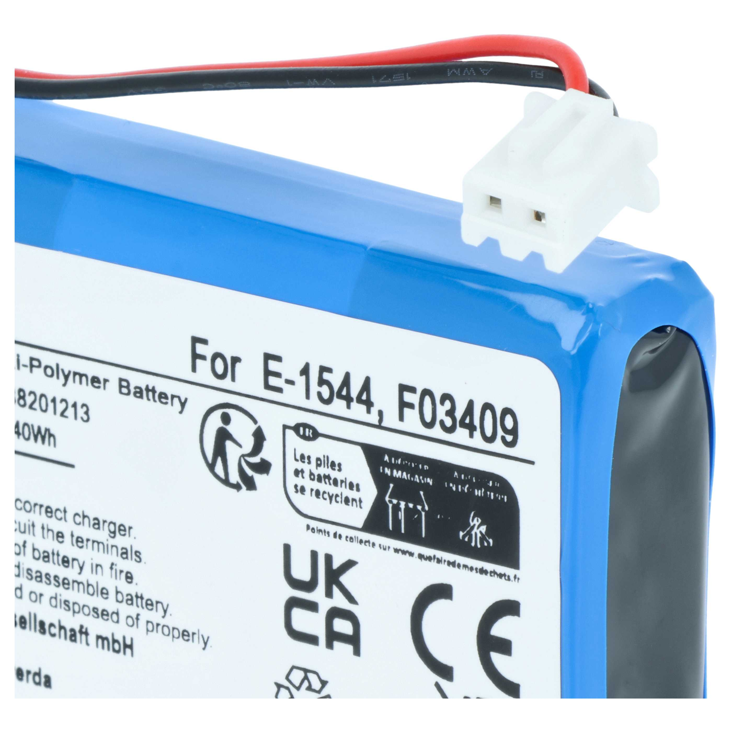 Ein blaues Polymer-Akku mit roten und schwarzen Kabeln und weißem Stecker.
