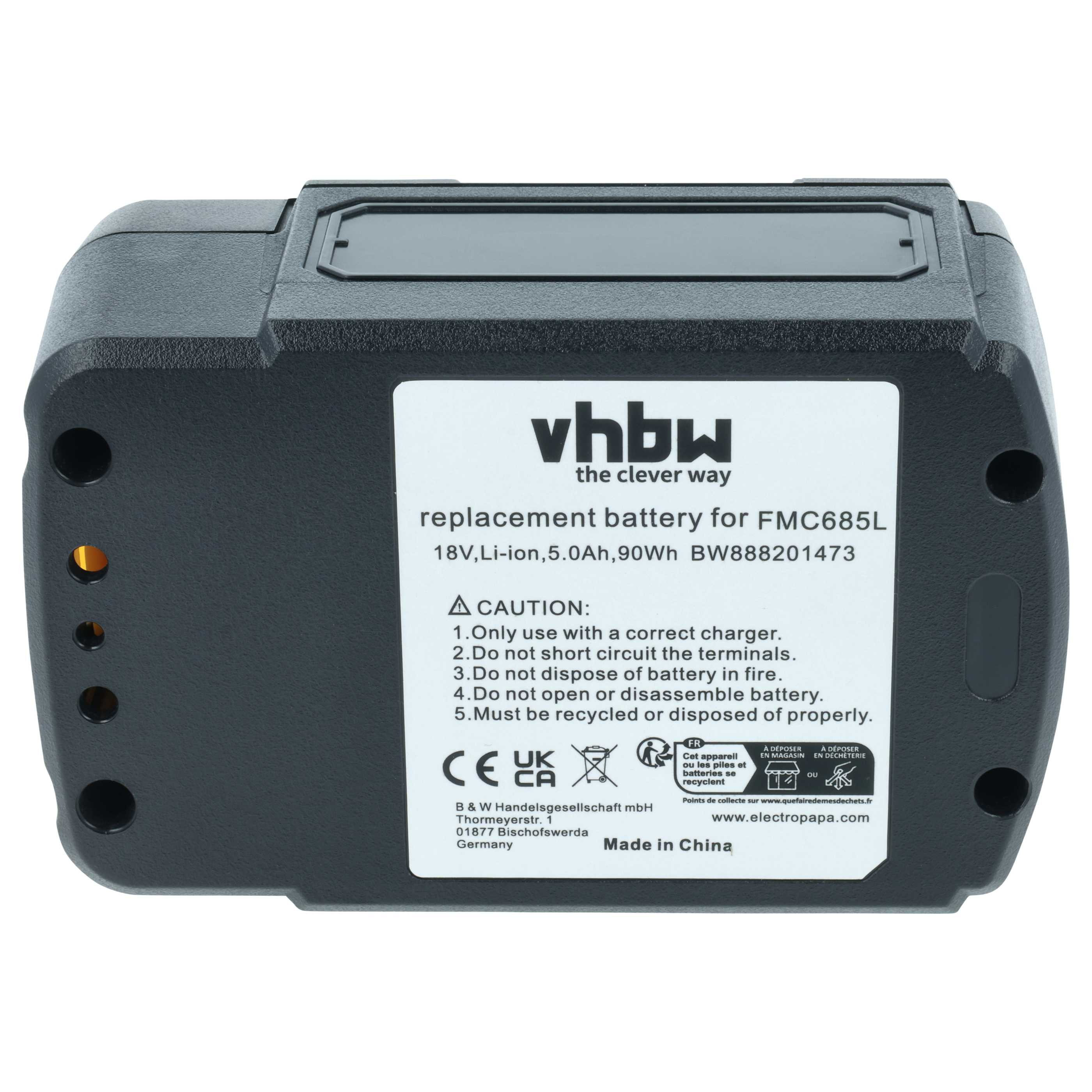 Schwarzer Lithium-Ionen-Akku, 18V, 5.0Ah, 90Wh, mit Aufkleber für FMC685L.