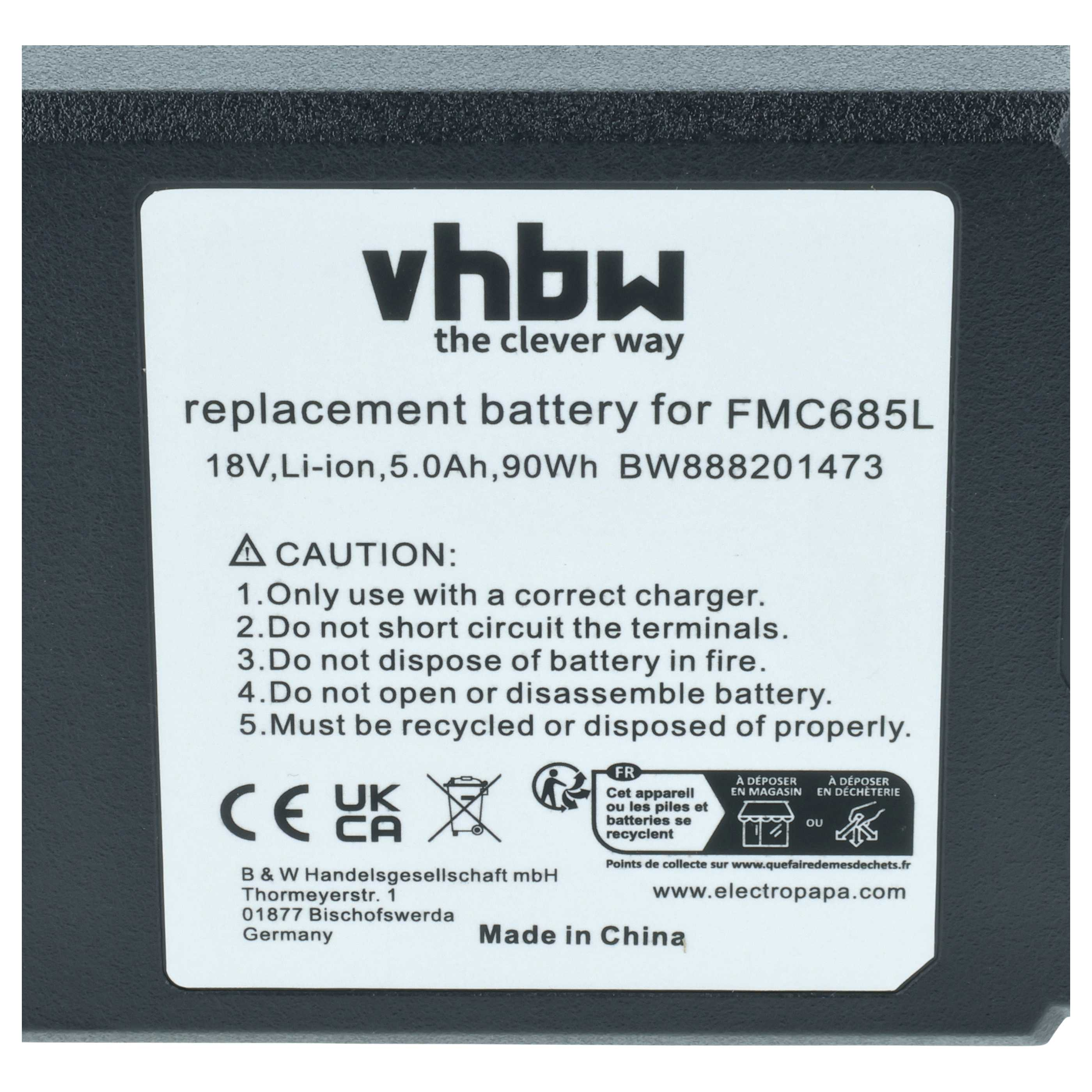 Ersatzakku für FMC685L, 18V, Li-Ion, 5.0Ah, 90Wh. Mit Warnhinweisen und Recycling-Symbolen.