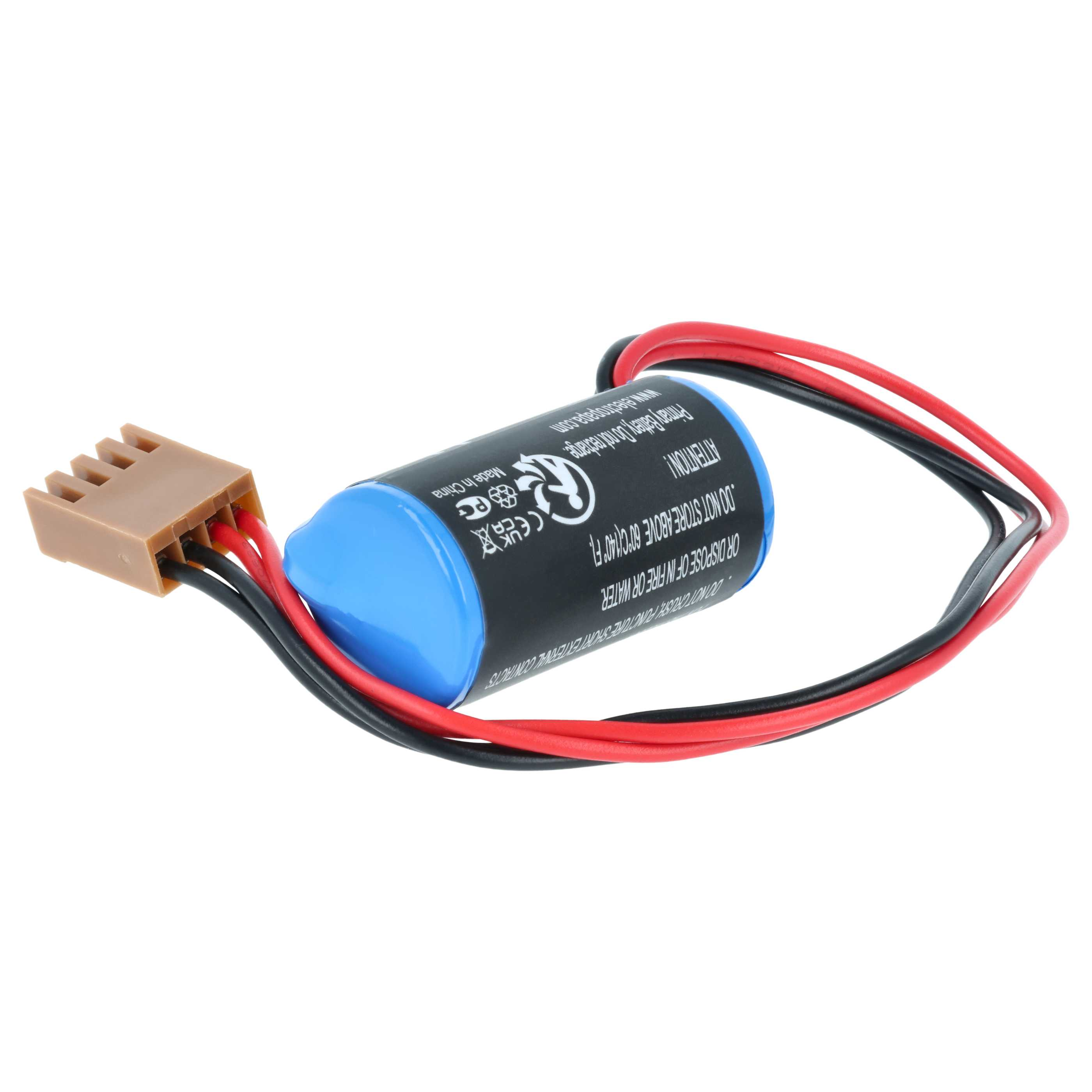 Eine blaue Zylindrebatterie mit einem braunen Stecker und roten/schwarzen Kabeln.