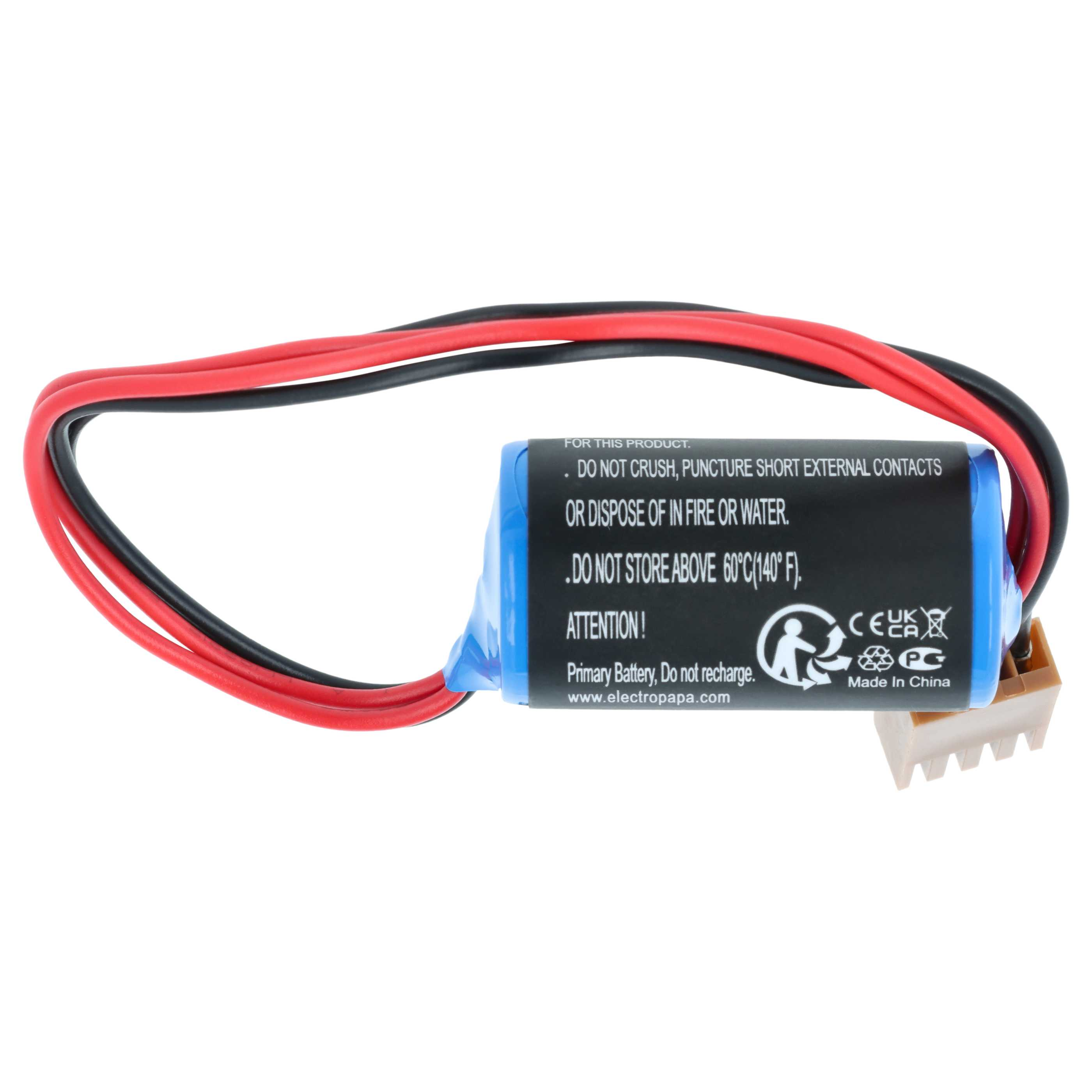 Eine blaue Batterie mit roten und schwarzen Kabeln und einem Stecker.