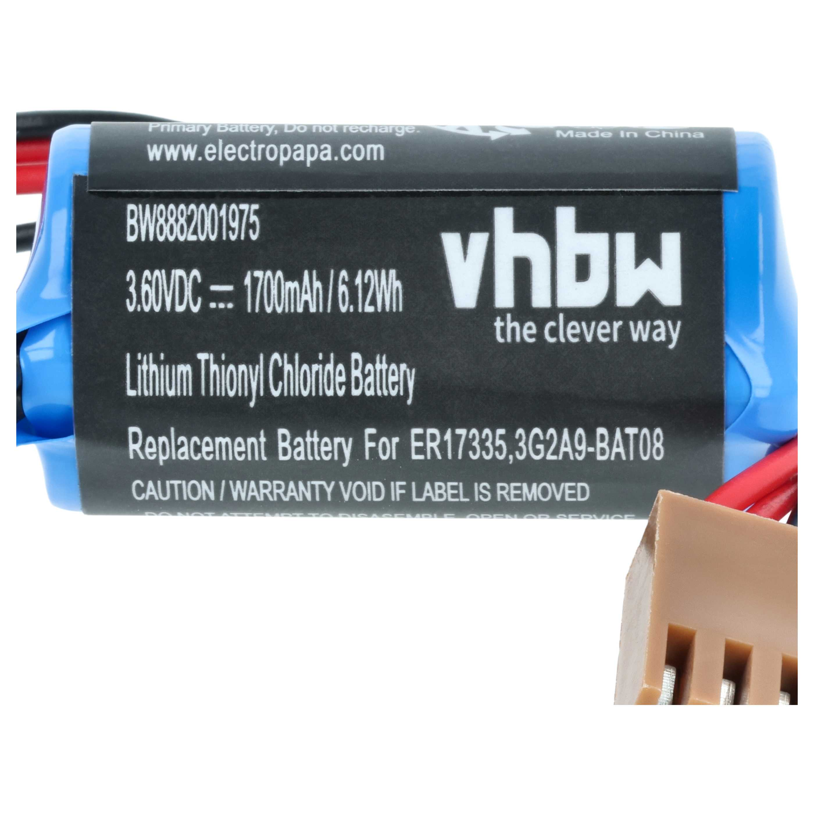 3.60V Lithium Thionyl Chloride Batterie, 1700mAh, mit Kabeln und Stecker.