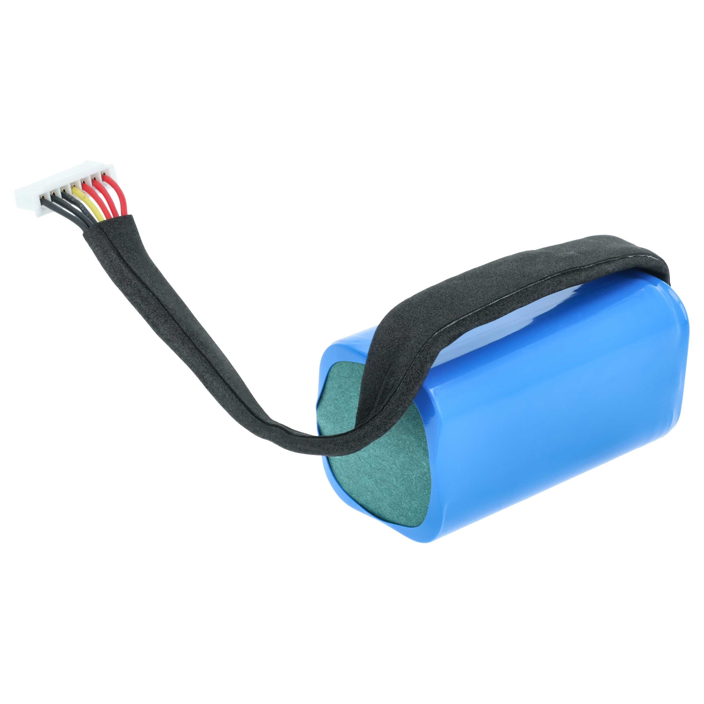 Blauer Akku mit schwarzem Kabel und weißem Stecker.