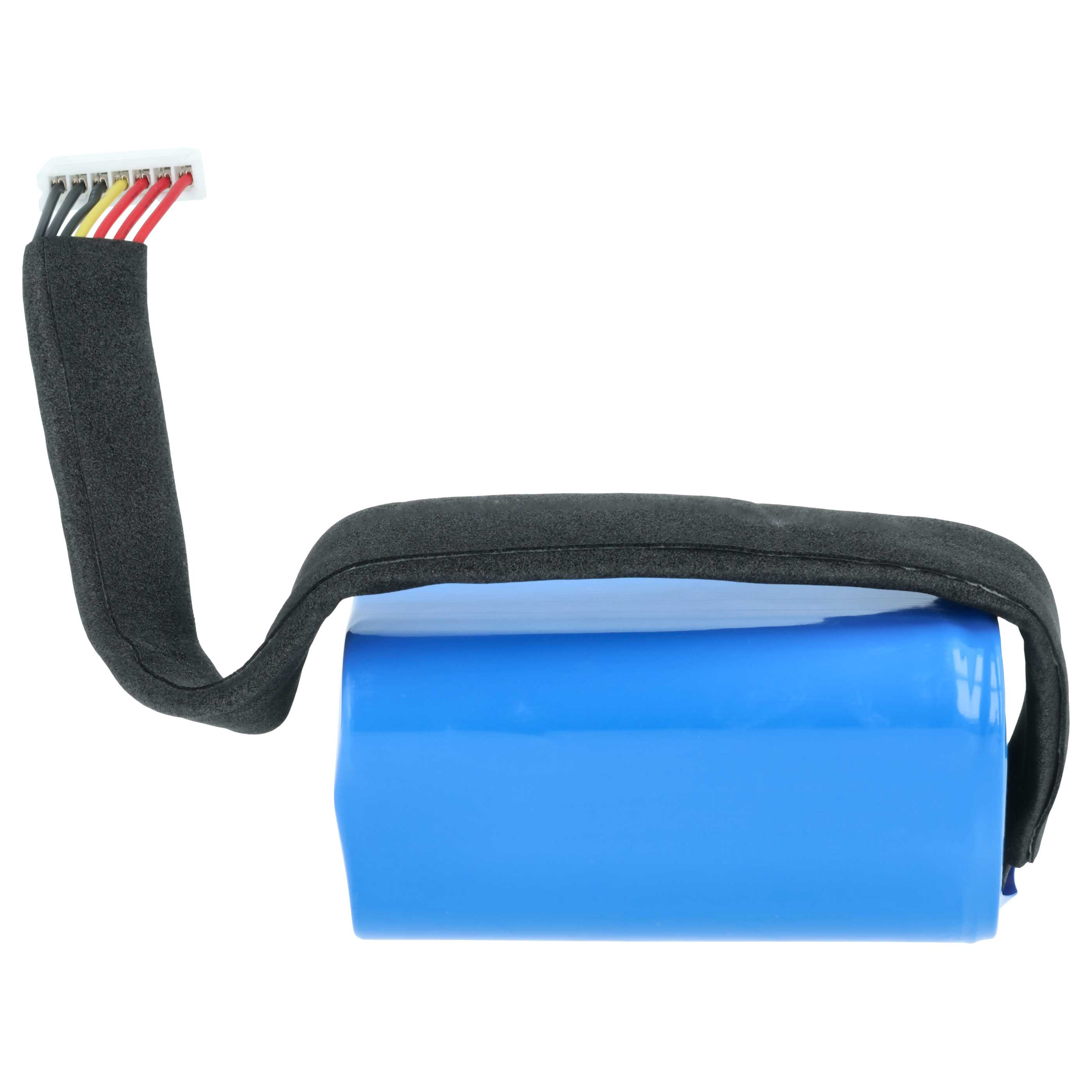Ein blauer Akku mit schwarzem Kabel und weißem Stecker.