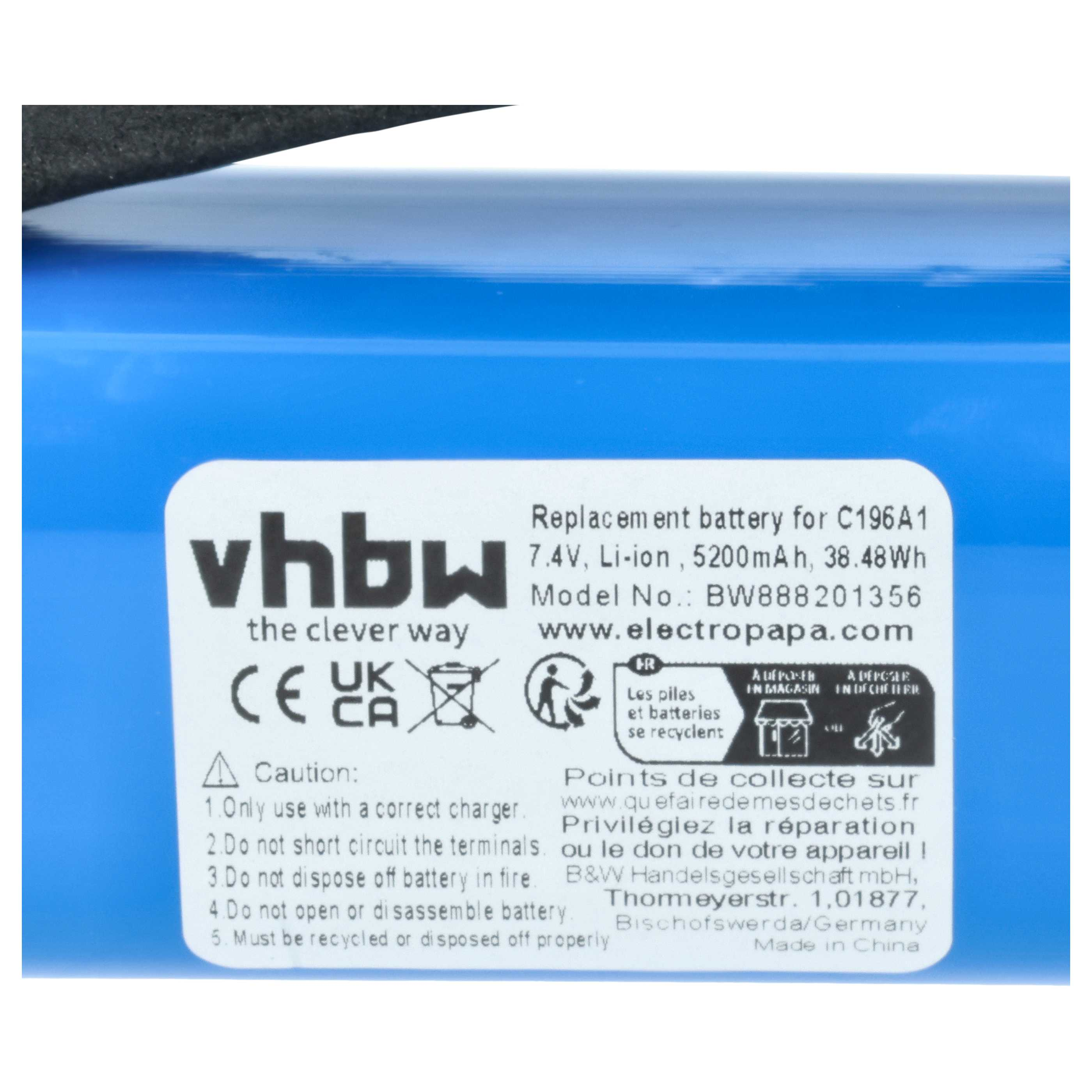 Blauer Akku mit weißem Etikett, vhbw, Modell C196A1, 7.4V, 5200mAh.