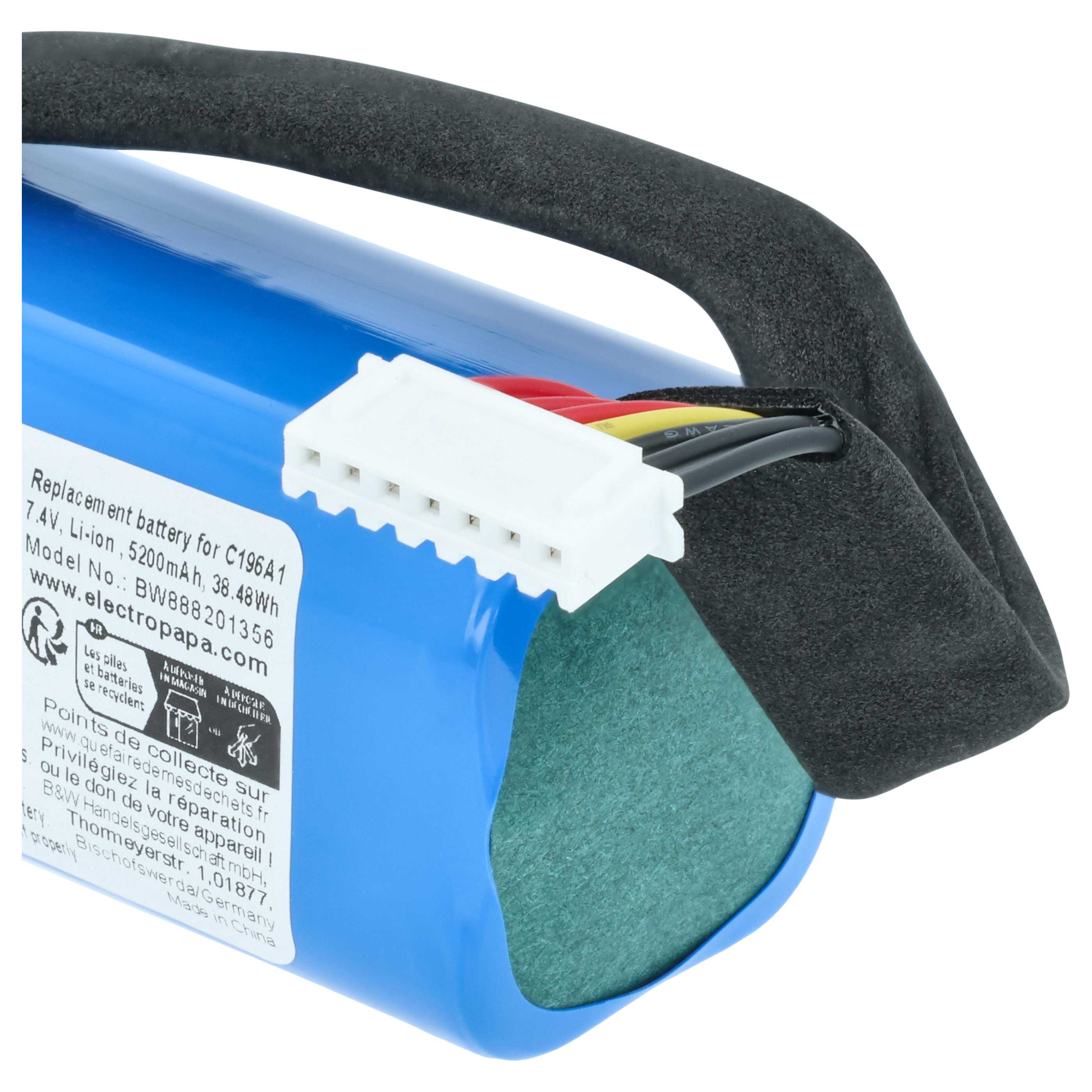 Blauer Lithium-Ionen-Akku mit weißem Anschluss und Kabeln.