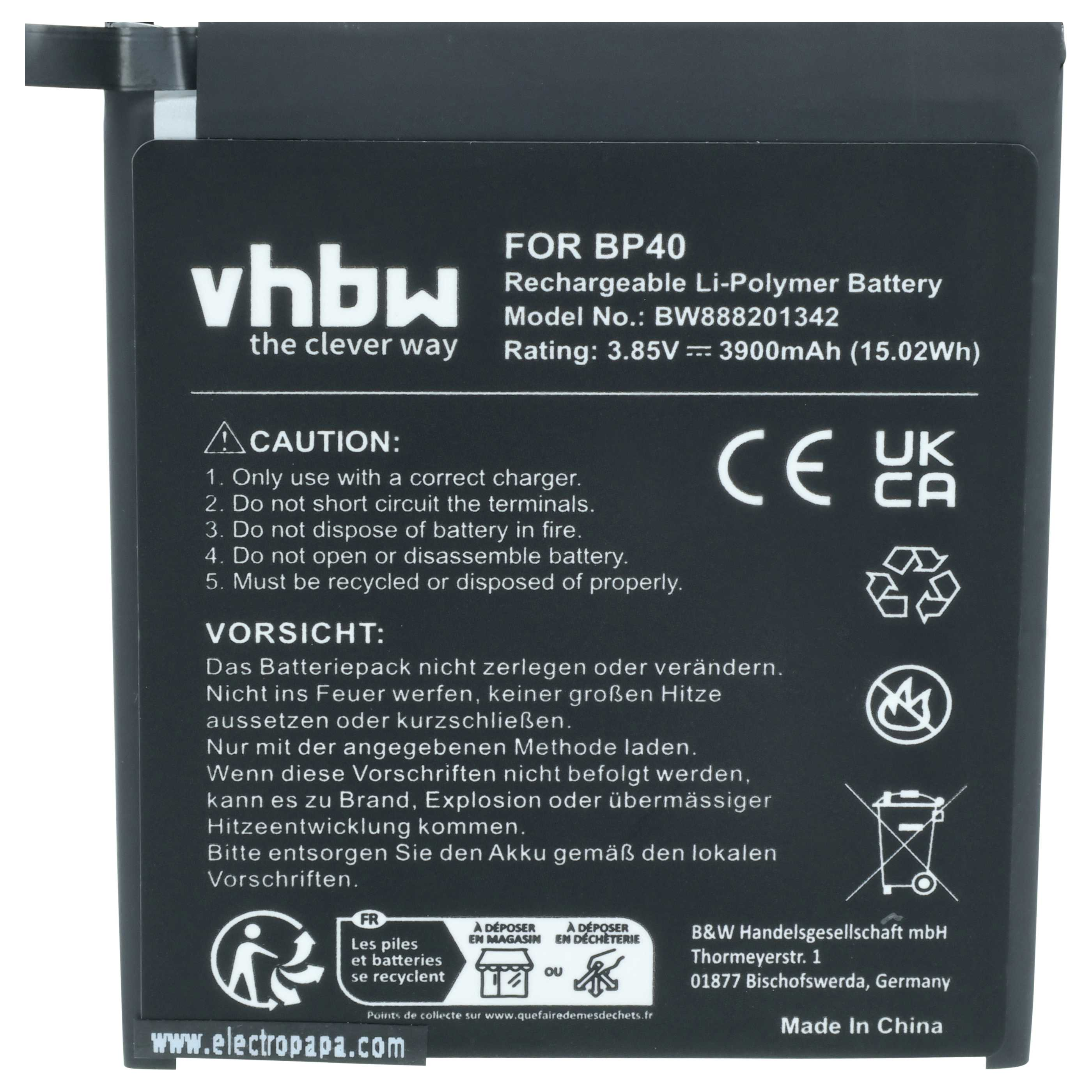 Schwarzer Li-Polymer Akku für BP40 von vhbw, 3900mAh.