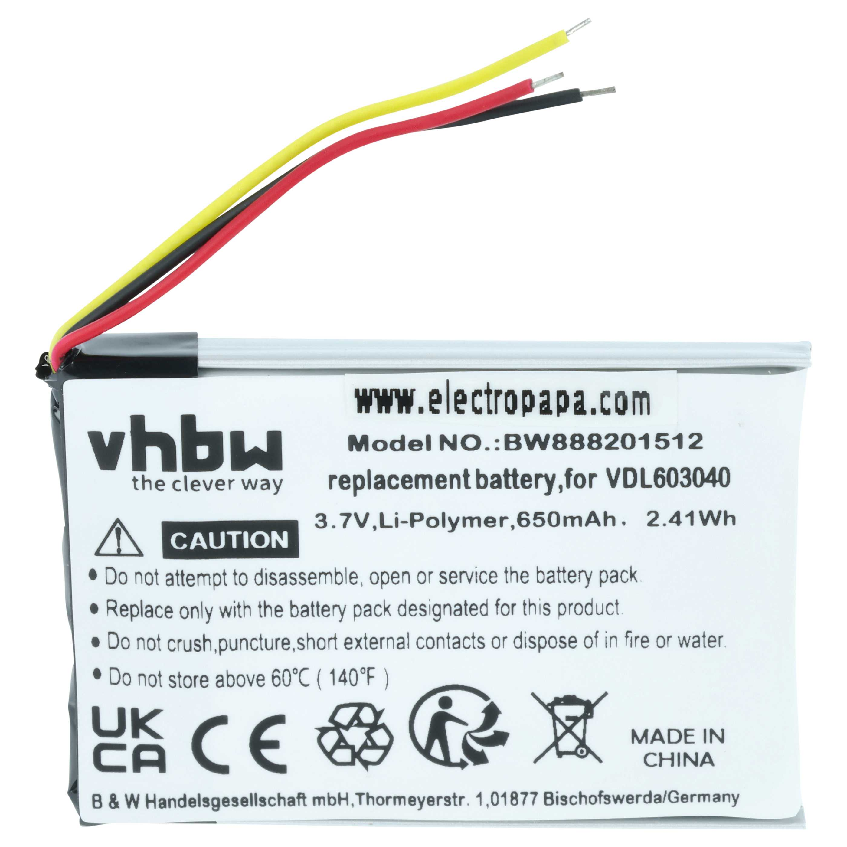 3,7V Li-Polymer Akku mit drei Kabeln: schwarz, rot und gelb.